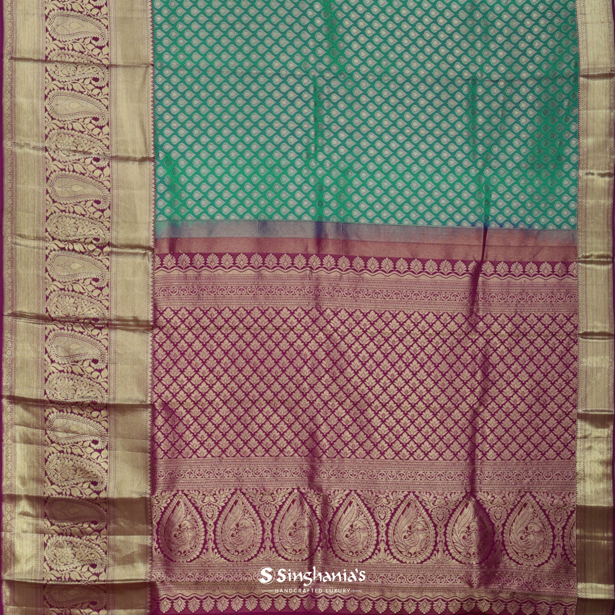 Jungle Green Kanjivaram Silk Saree With Floral Buttis Weaving