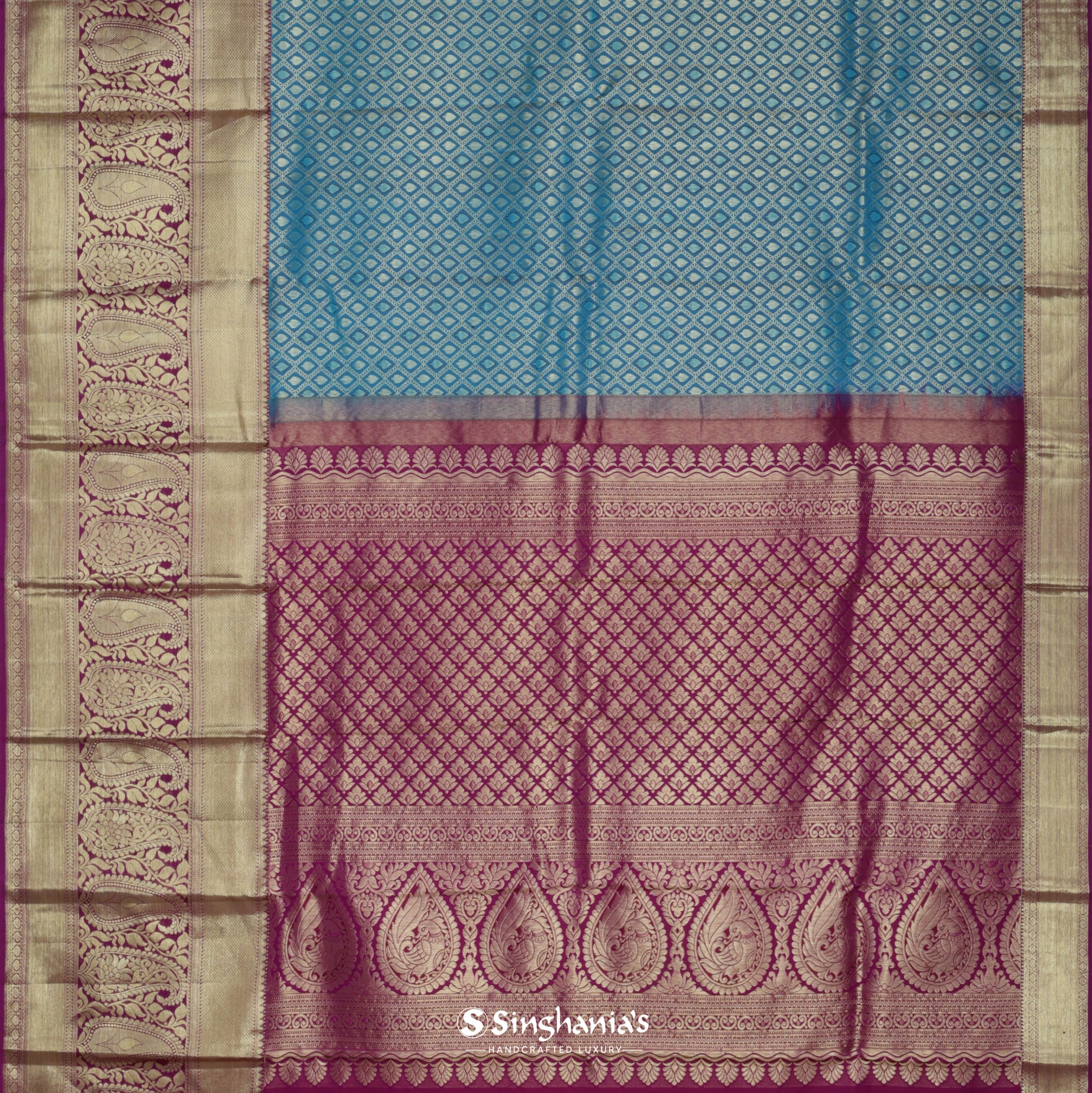 Steel Blue Kanjivaram Silk Saree With Floral Buttas Design