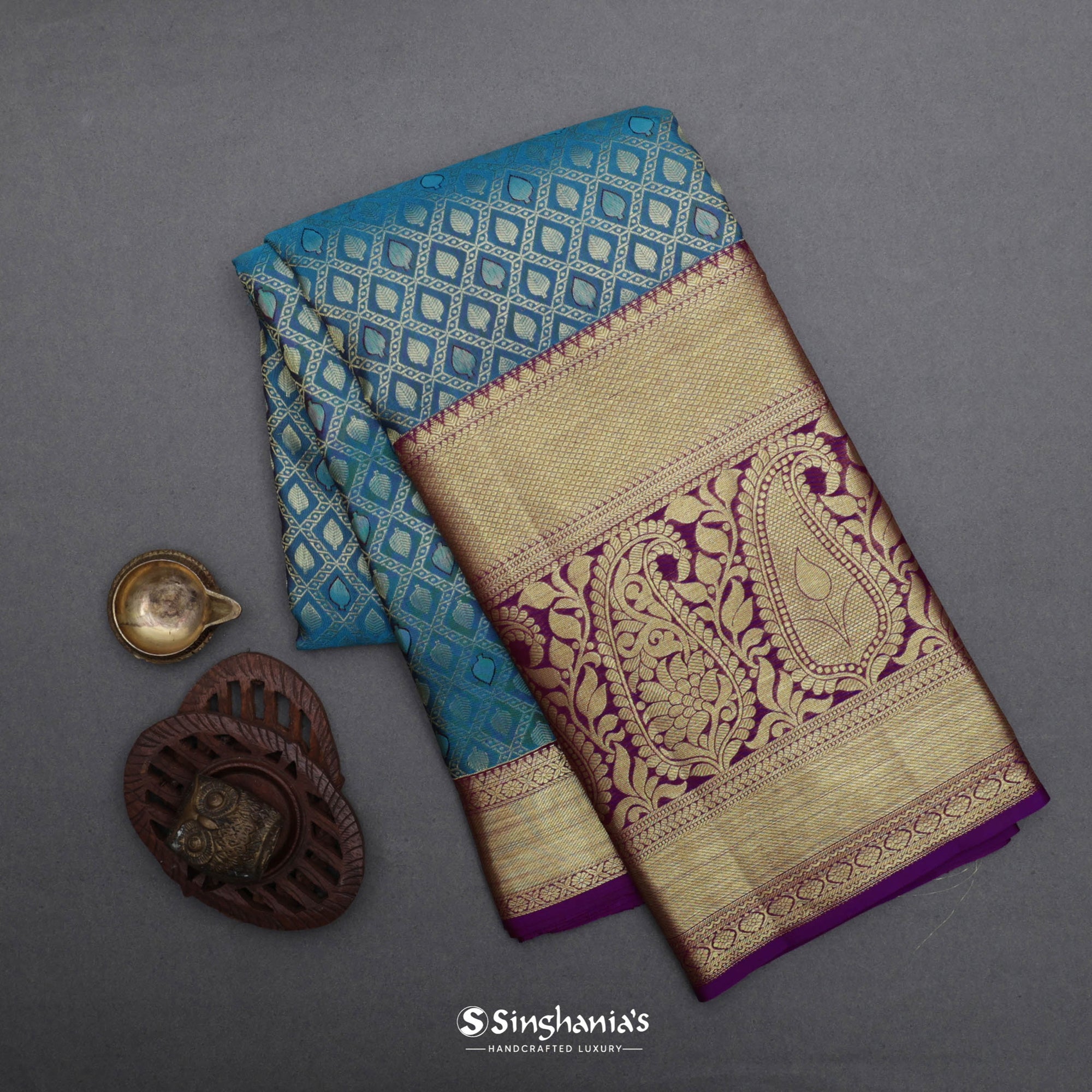 Steel Blue Kanjivaram Silk Saree With Floral Buttas Design