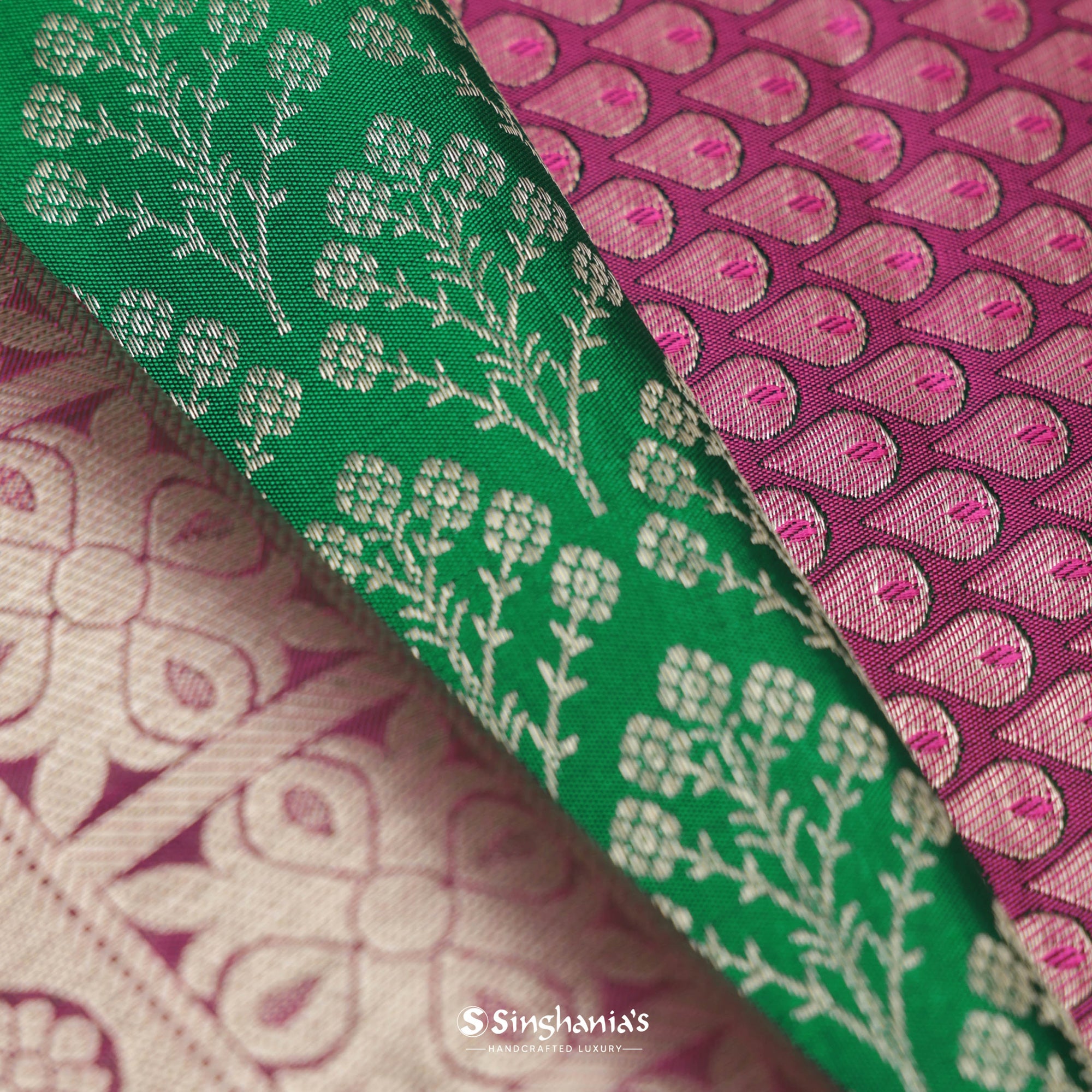 Jade Green Kanjivaram Silk Saree With Floral Buttas Weaving