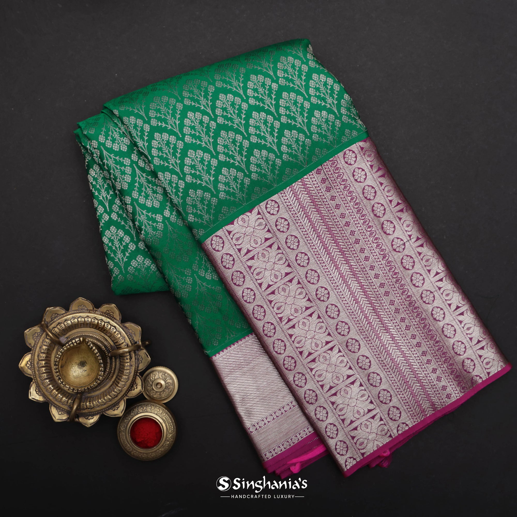 Jade Green Kanjivaram Silk Saree With Floral Buttas Weaving