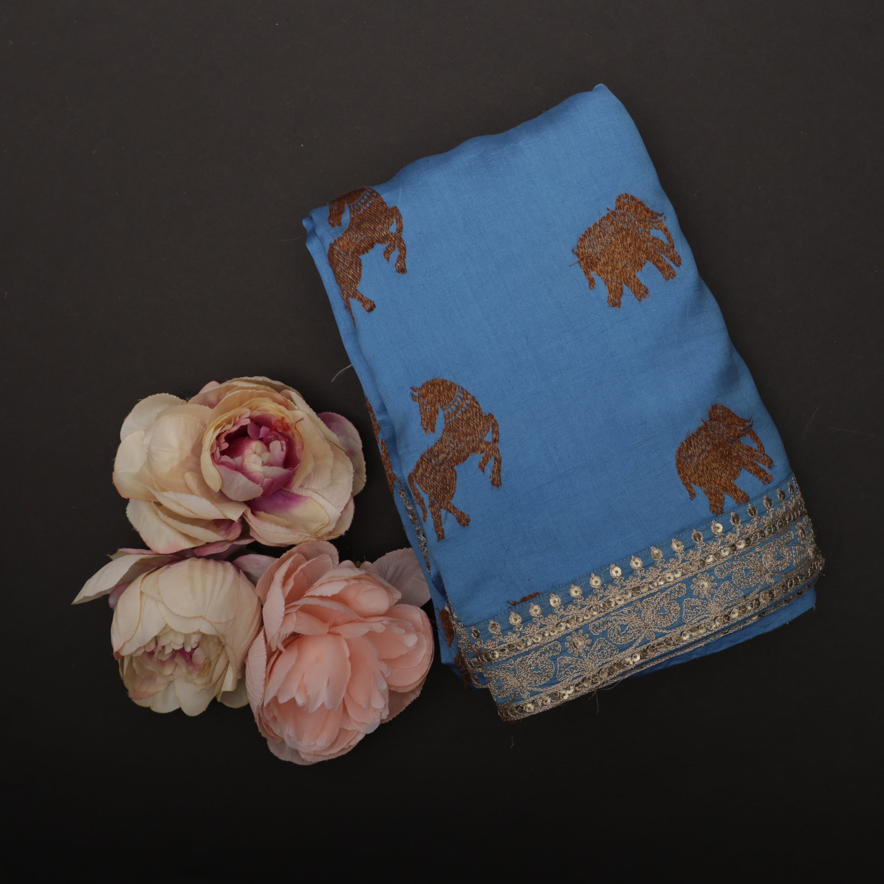 Uranian Blue Banarasi Silk Saree With Embroidered Border