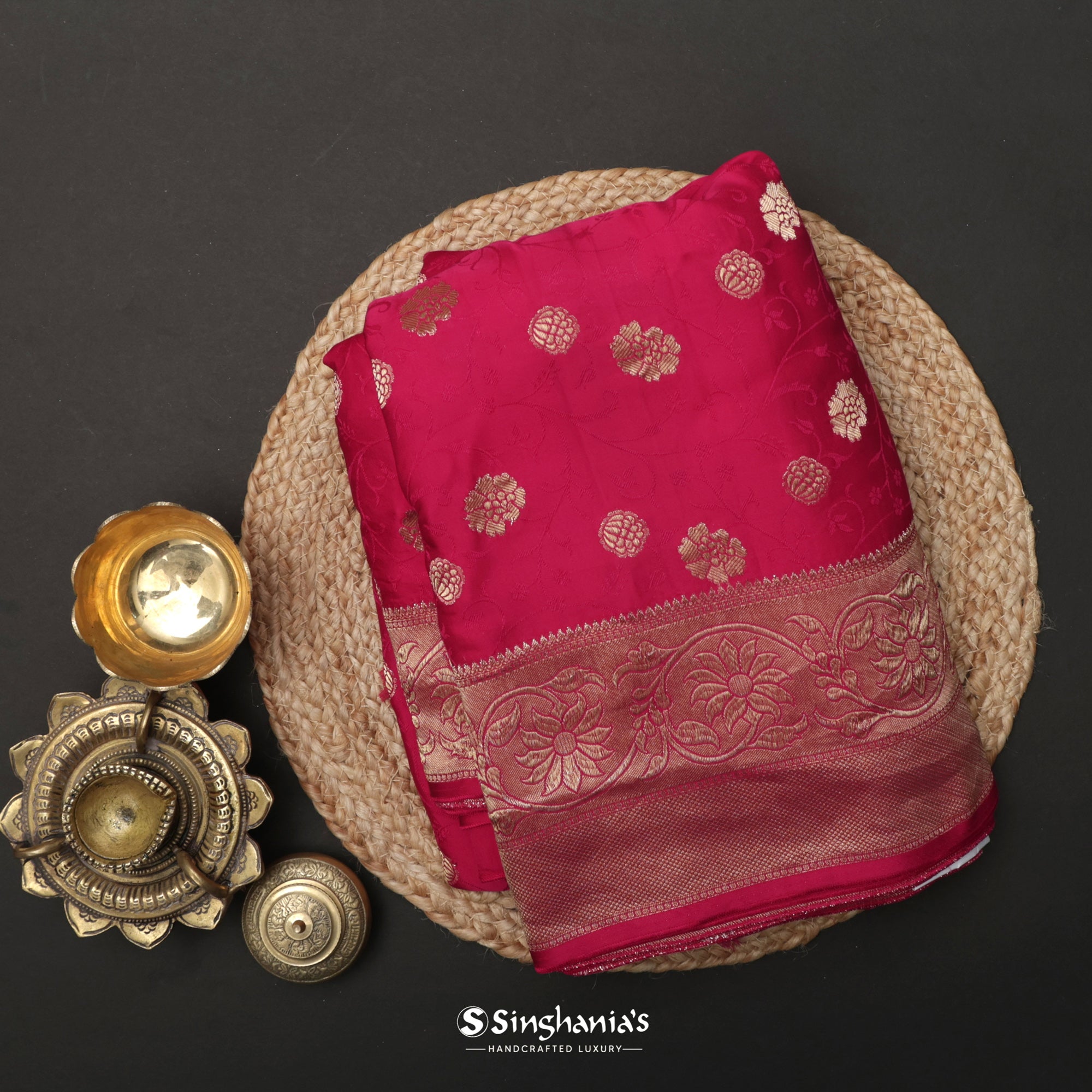 Ruby Red Banarasi Satin Saree With Floral Weaving