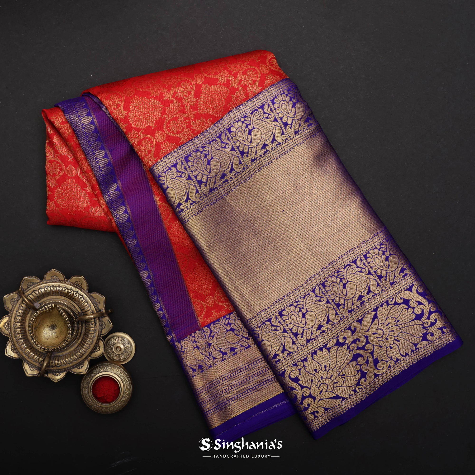Scarlet Red Kanjivaram Silk Saree With Floral Jaal Weaving