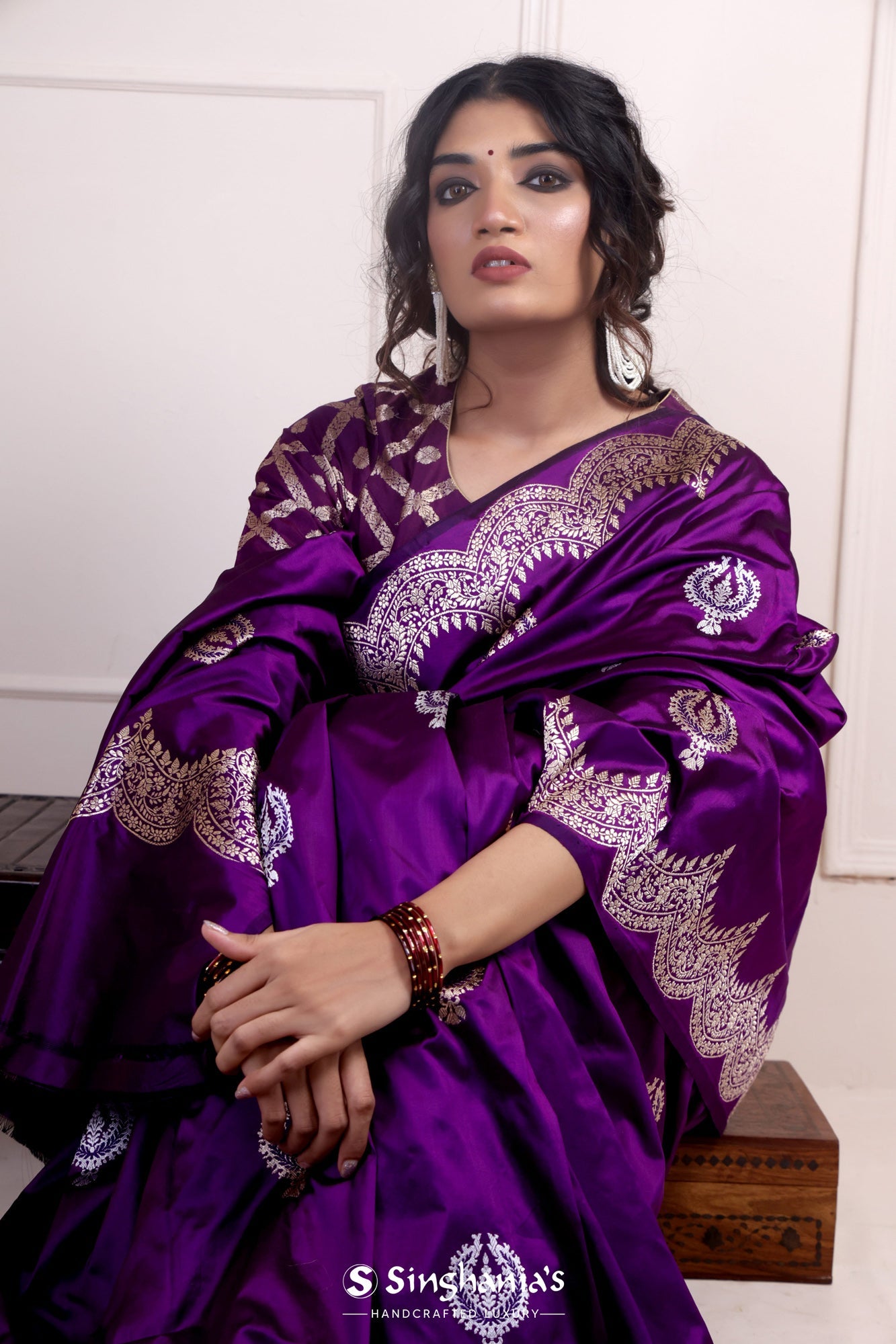 Royal Purple Banarasi Silk Saree With Floral Buttas Weaving