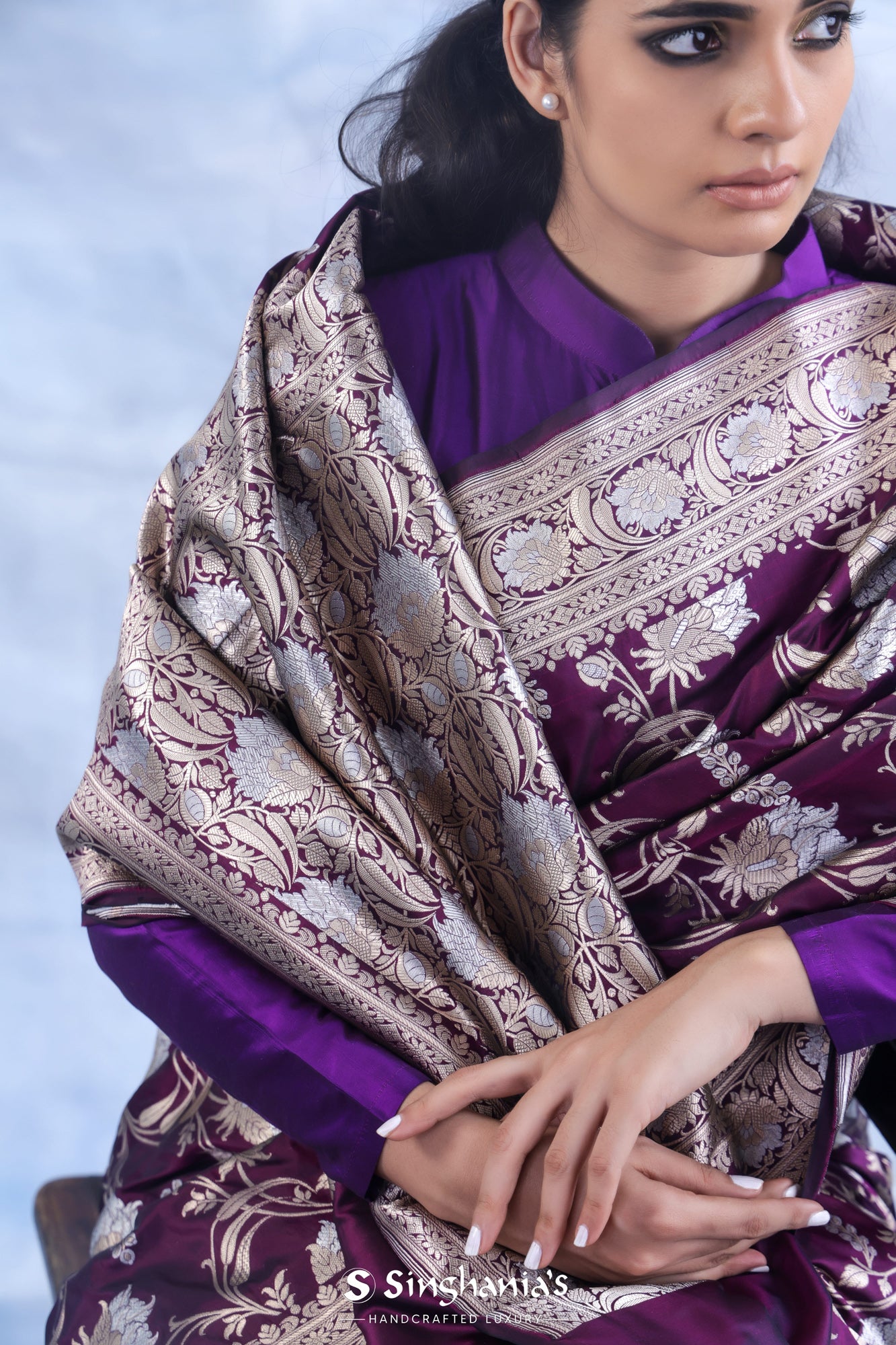 Claret Purple Banarasi Silk Saree With Floral Jaal Weaving