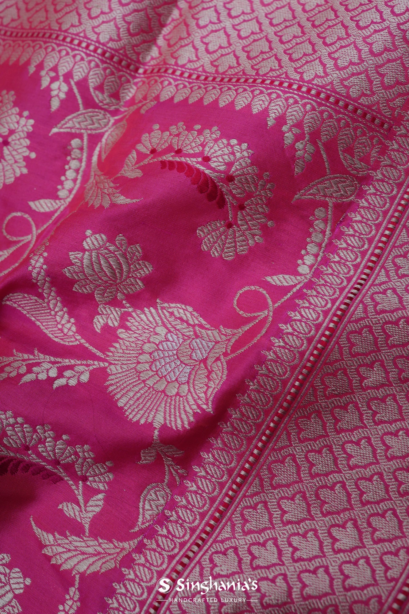 French Fuchsia Banarasi Silk Saree With Floral Jangla Weaving