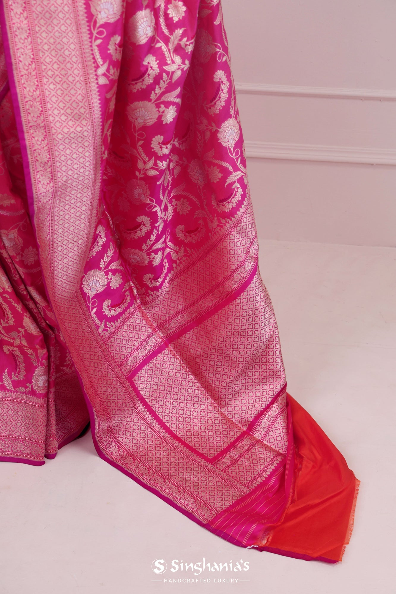 French Fuchsia Banarasi Silk Saree With Floral Jangla Weaving