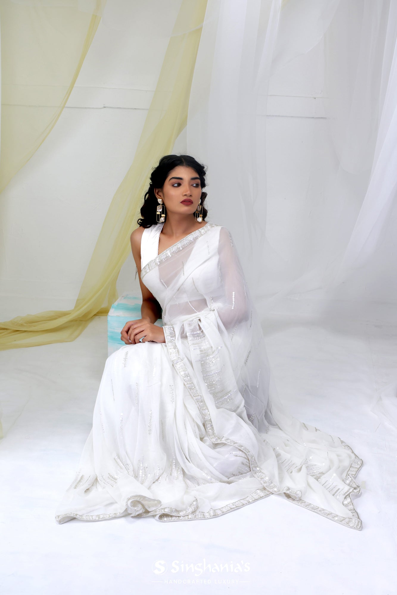 White Georgette Embroidered Saree With Unstitched Blouse - C