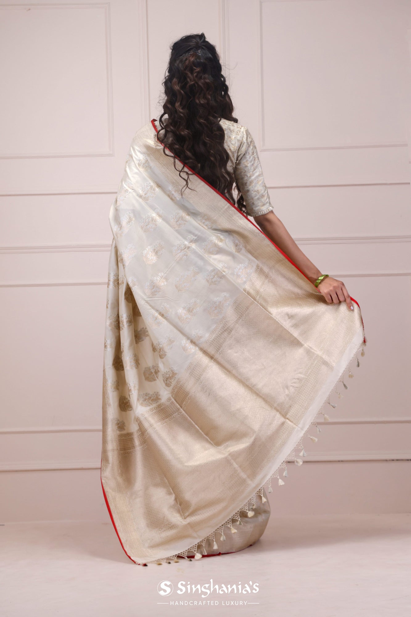 Feather White Banarasi Silk Saree With Floral Motif Weaving