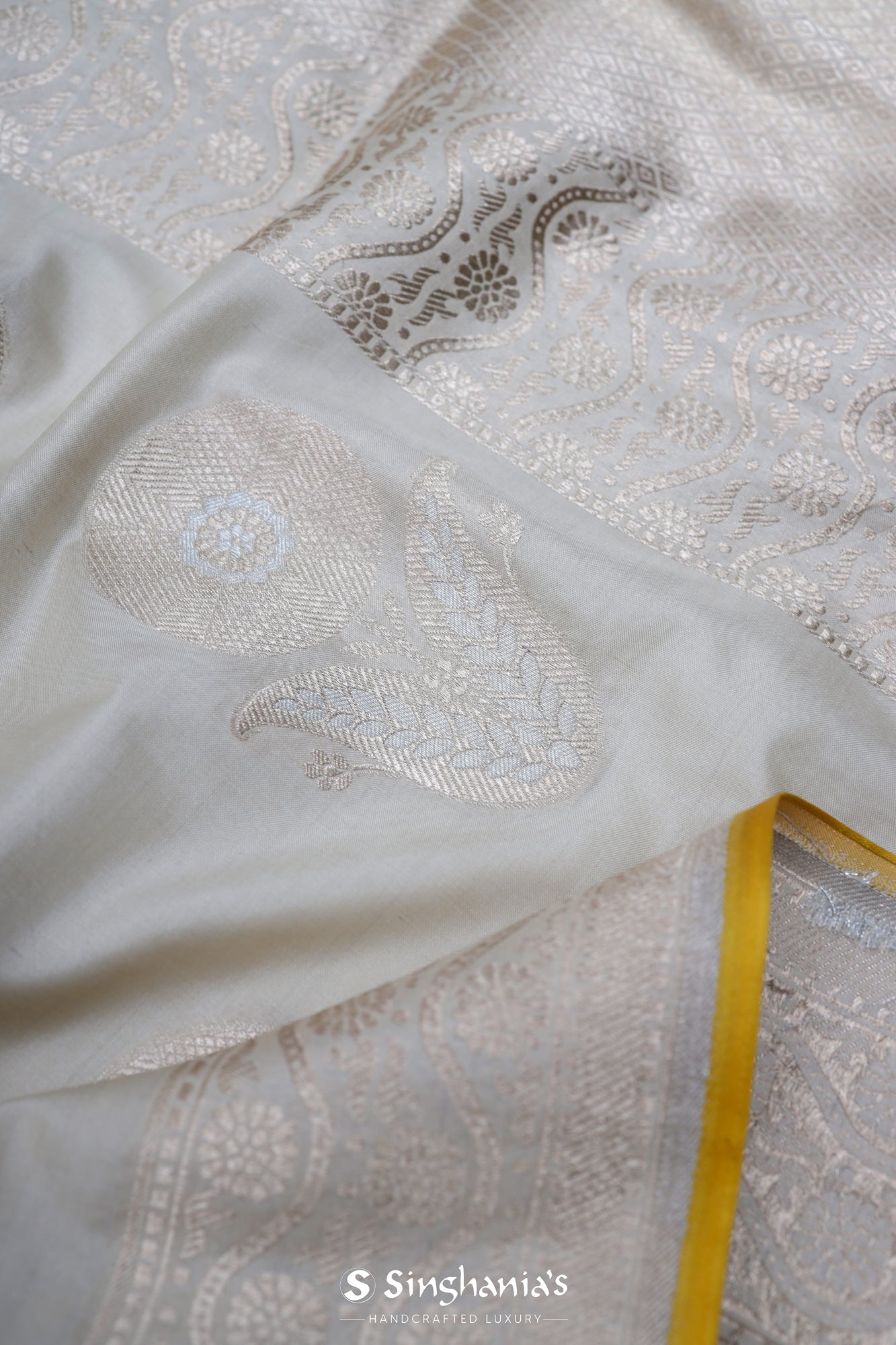 Light Gray Banarasi Silk Saree With Floral Buttas Weaving