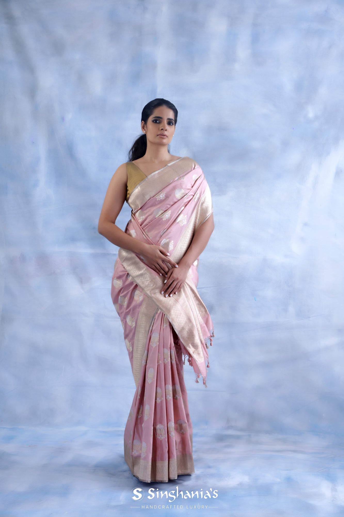 Cotton Candy Pink Banarasi Silk Saree With Floral Buttas Weaving