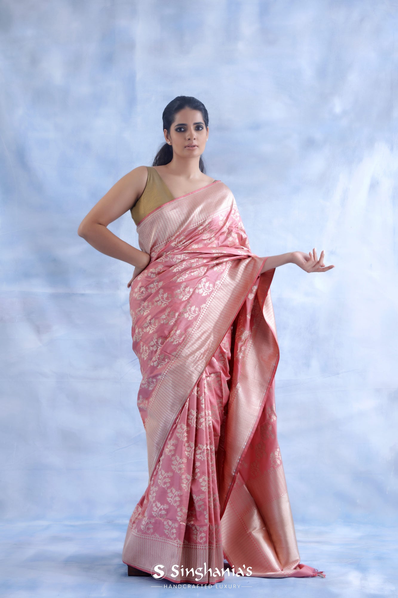 Schauss Pink Banarasi Silk Saree With Floral Stripes Weaving