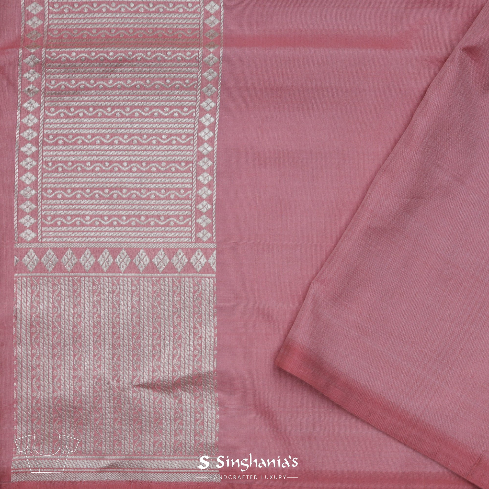 Schauss Pink Banarasi Silk Saree With Floral Stripes Weaving