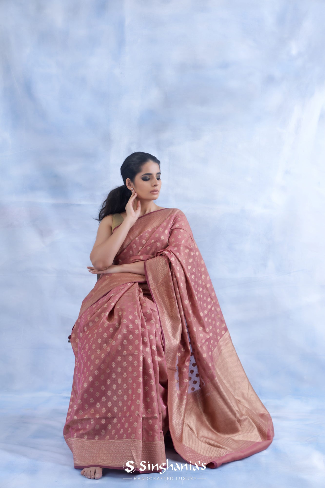 Rose Gold Banarasi Silk Saree With Floral Buttis Weaving