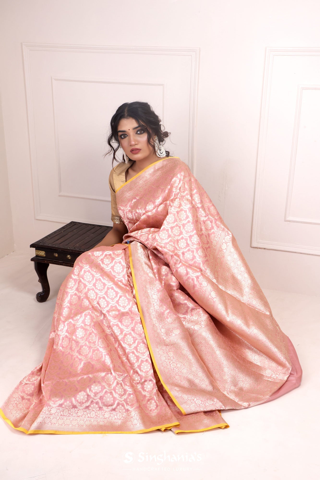 Bubblegum Pink Banarasi Silk Saree With Floral Jangla Weaving