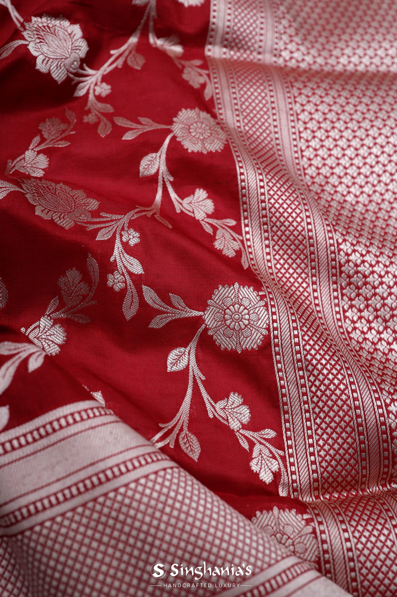 Carmine Red Banarasi Silk Saree With Floral Jaal Weaving