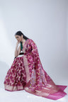 Maroon Pink Organza Banarasi Saree With Floral Jaal Weaving