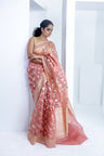 Rose Gold Organza Banarasi Saree With Floral And Bird Weaving