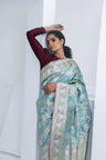 Serene Blue Banarasi Silk Saree With Floral Jaal Weaving