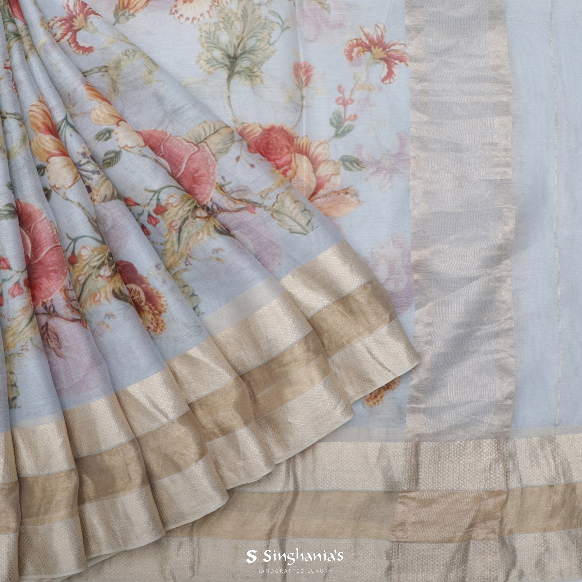 Columbia Blue Printed Maheshwari Silk Saree With Floral Jaal Design