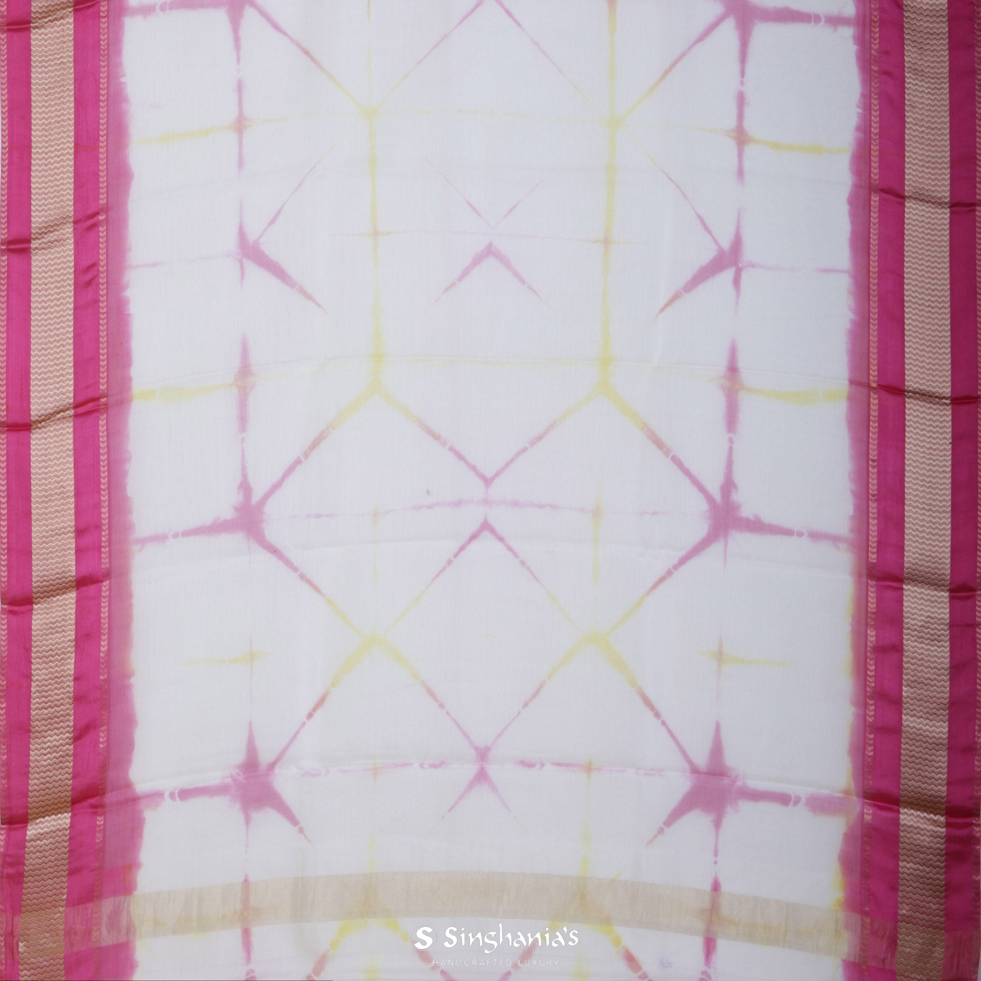 Pink White Printed Maheshwari Silk Saree With Tie-Dye Pattern