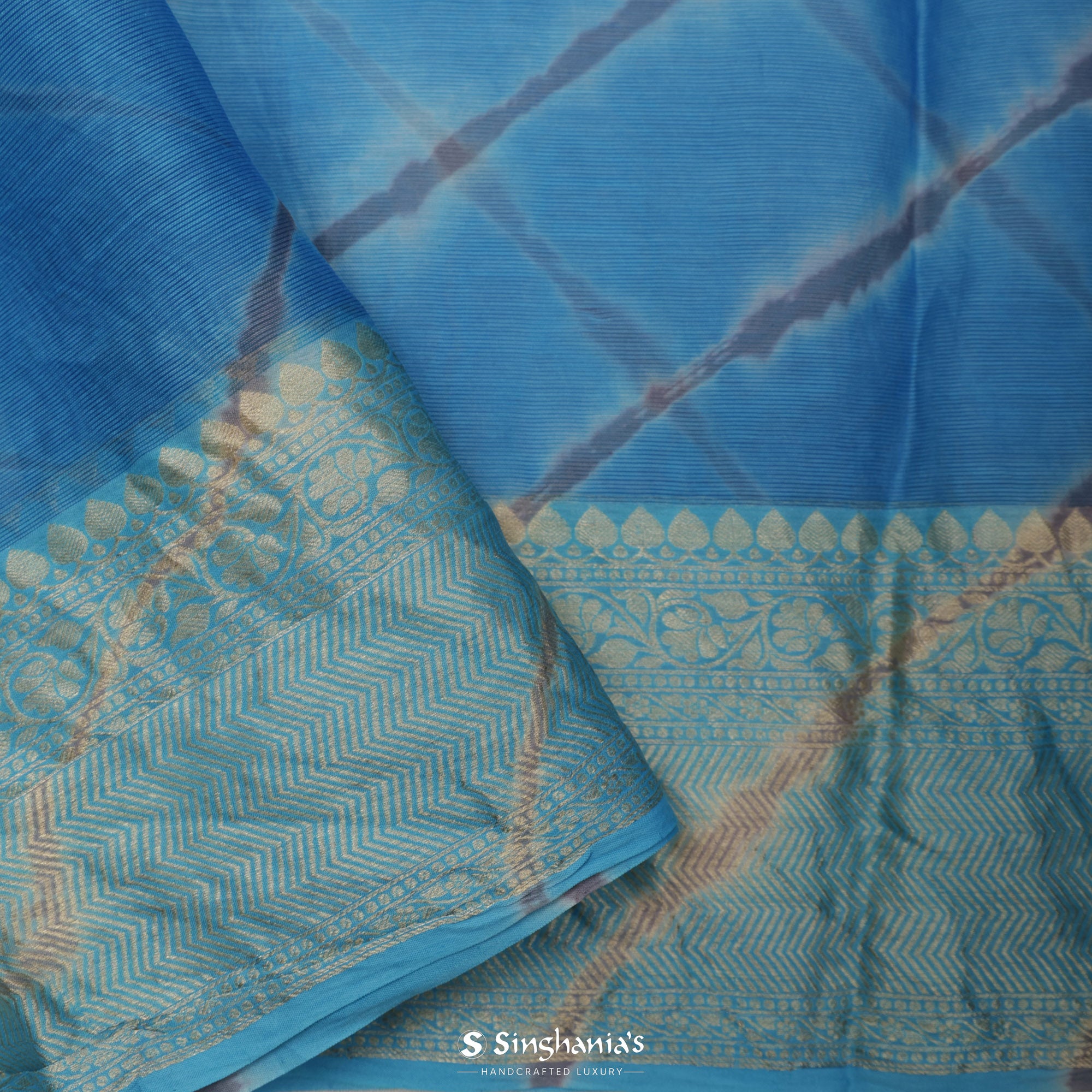 Steel Blue Printed Maheshwari Saree With Leheriya Design