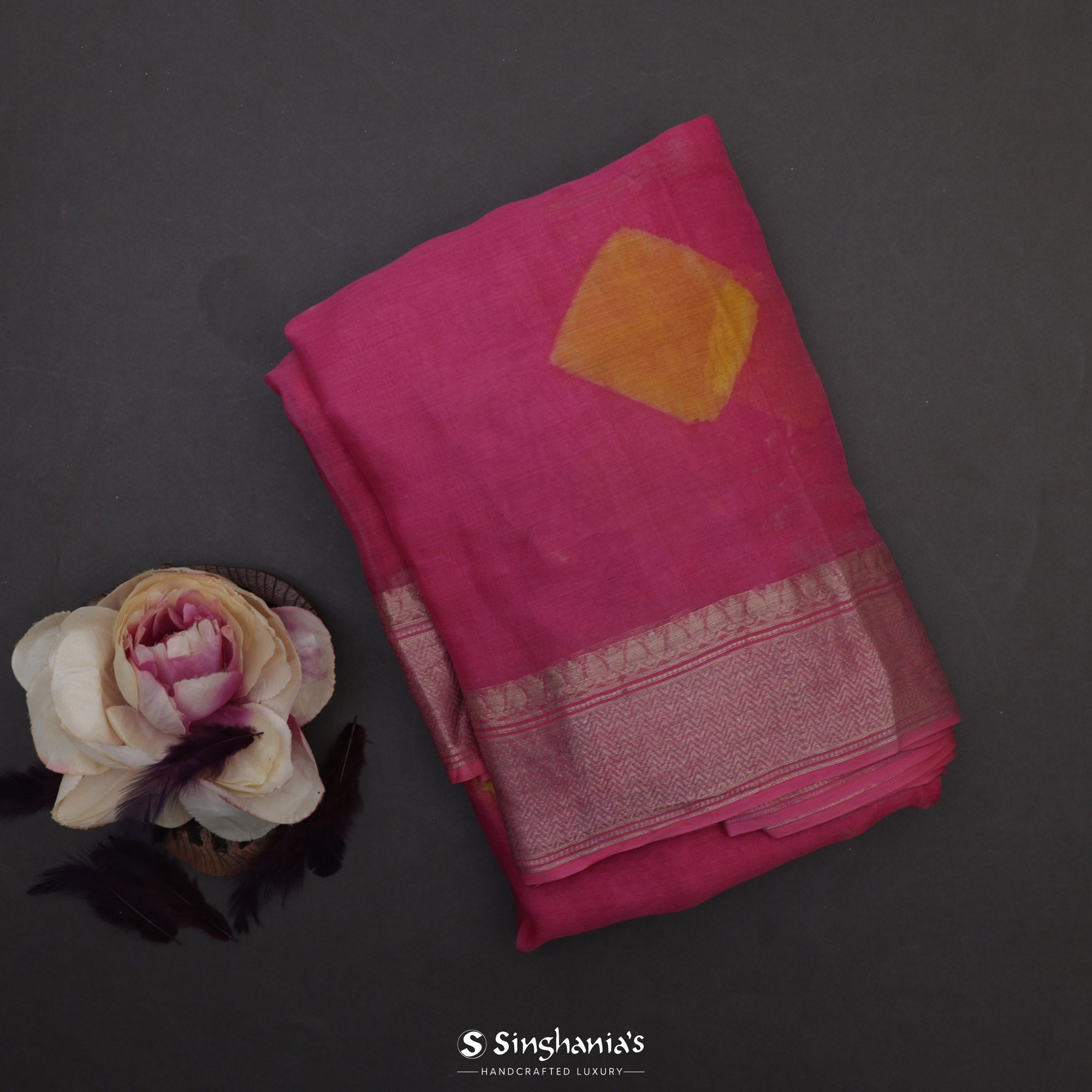 Cherry Pink Printed Maheshwari Silk Saree With Diamond Motif