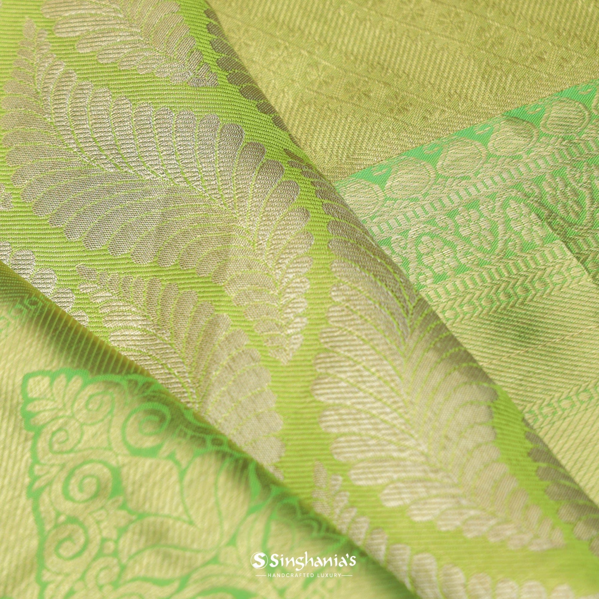 Lime Green Kanjivaram Silk Saree With Leaf Pattern