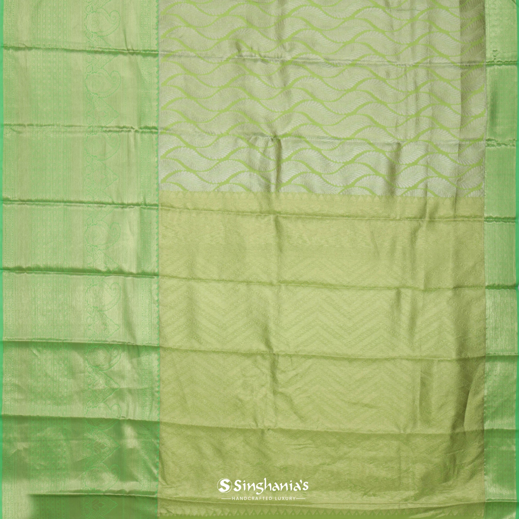 Lime Green Kanjivaram Silk Saree With Leaf Pattern