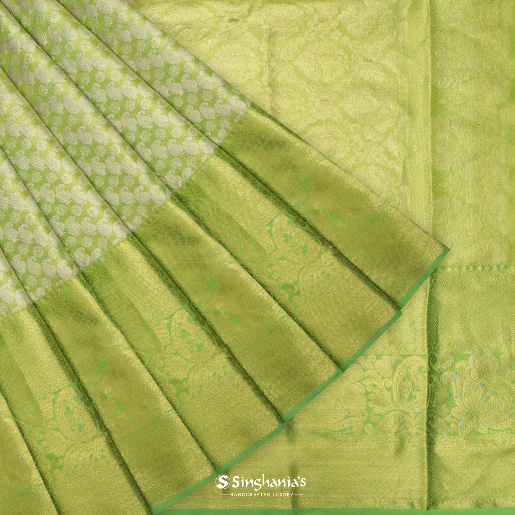 Lime Green Kanjivaram Silk Saree With Floral Paisley Weaving