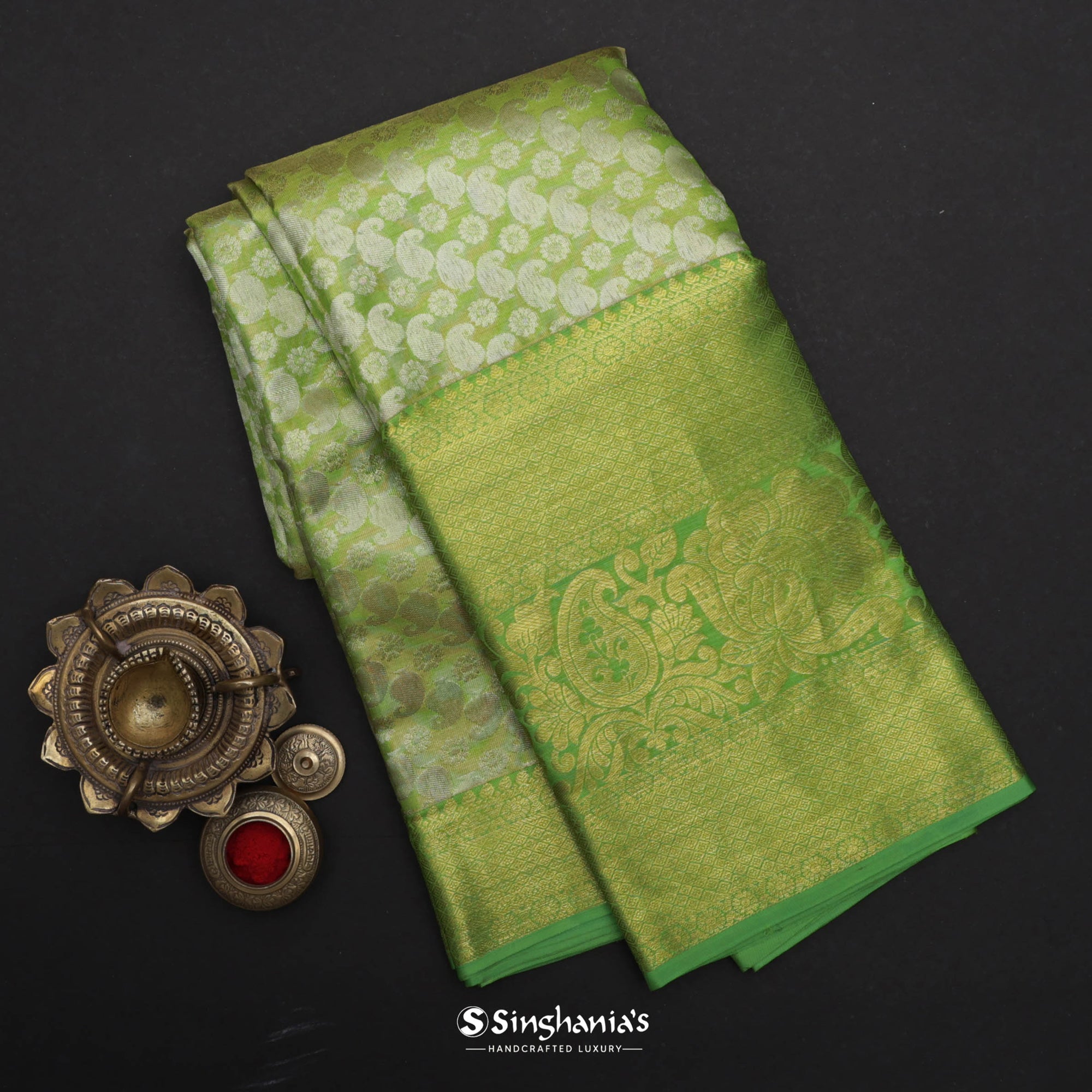 Lime Green Kanjivaram Silk Saree With Floral Paisley Weaving