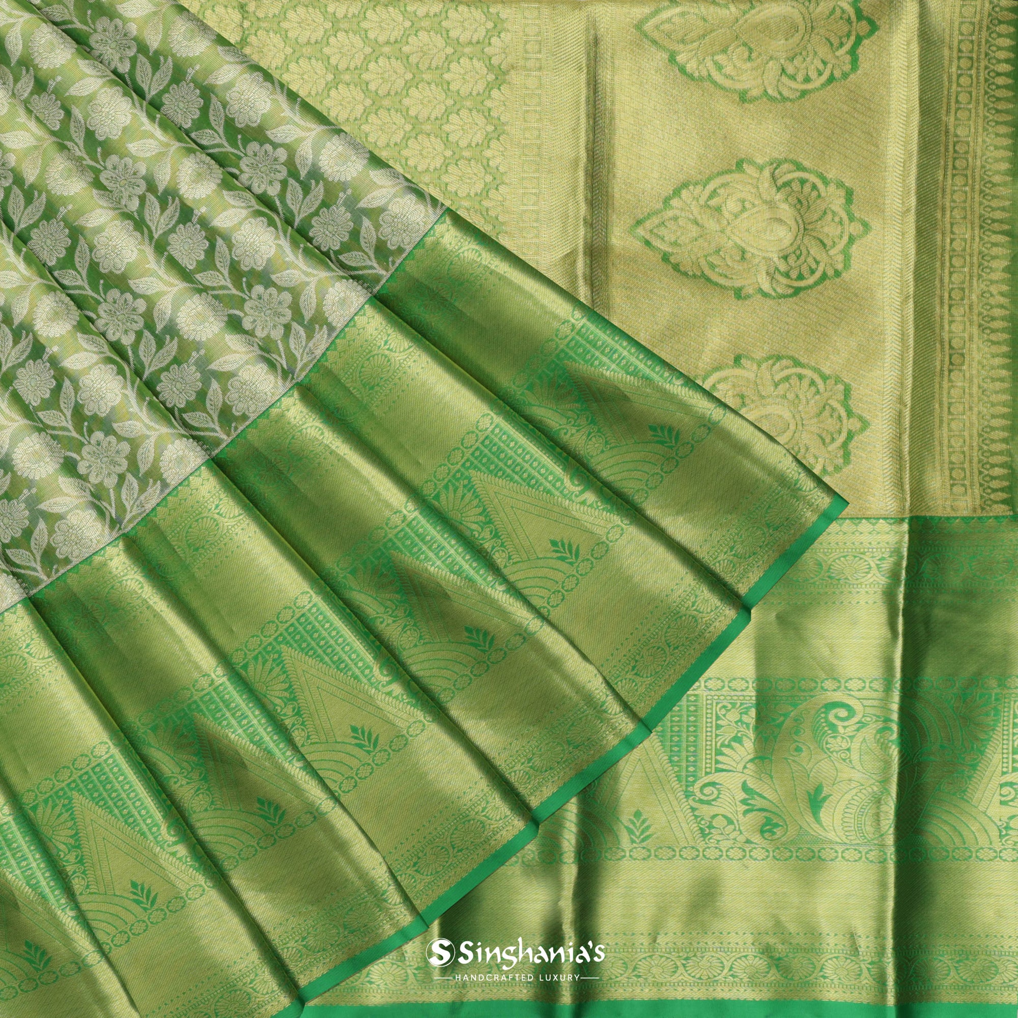 Jade Green Kanjivaram Silk Saree With Floral Design