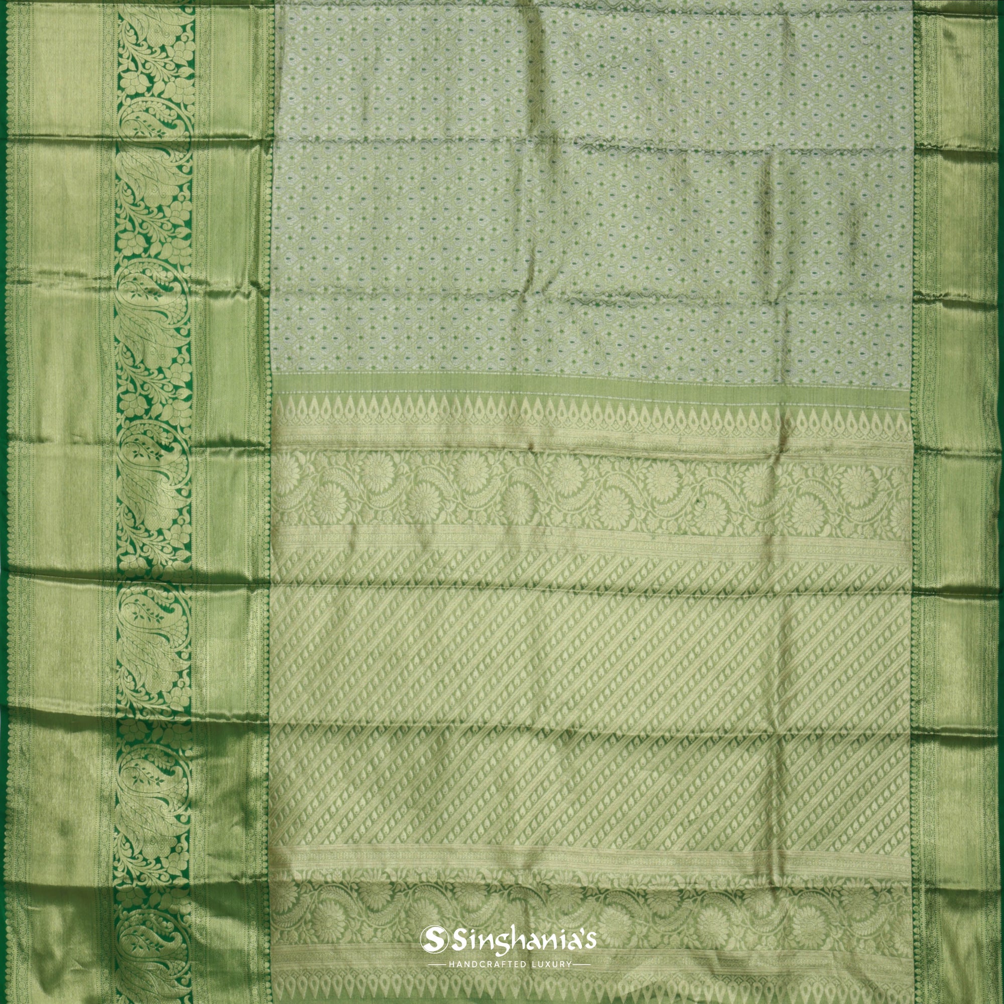 Light Olive Green Kanjivaram Saree With Floral Jaal Weaving