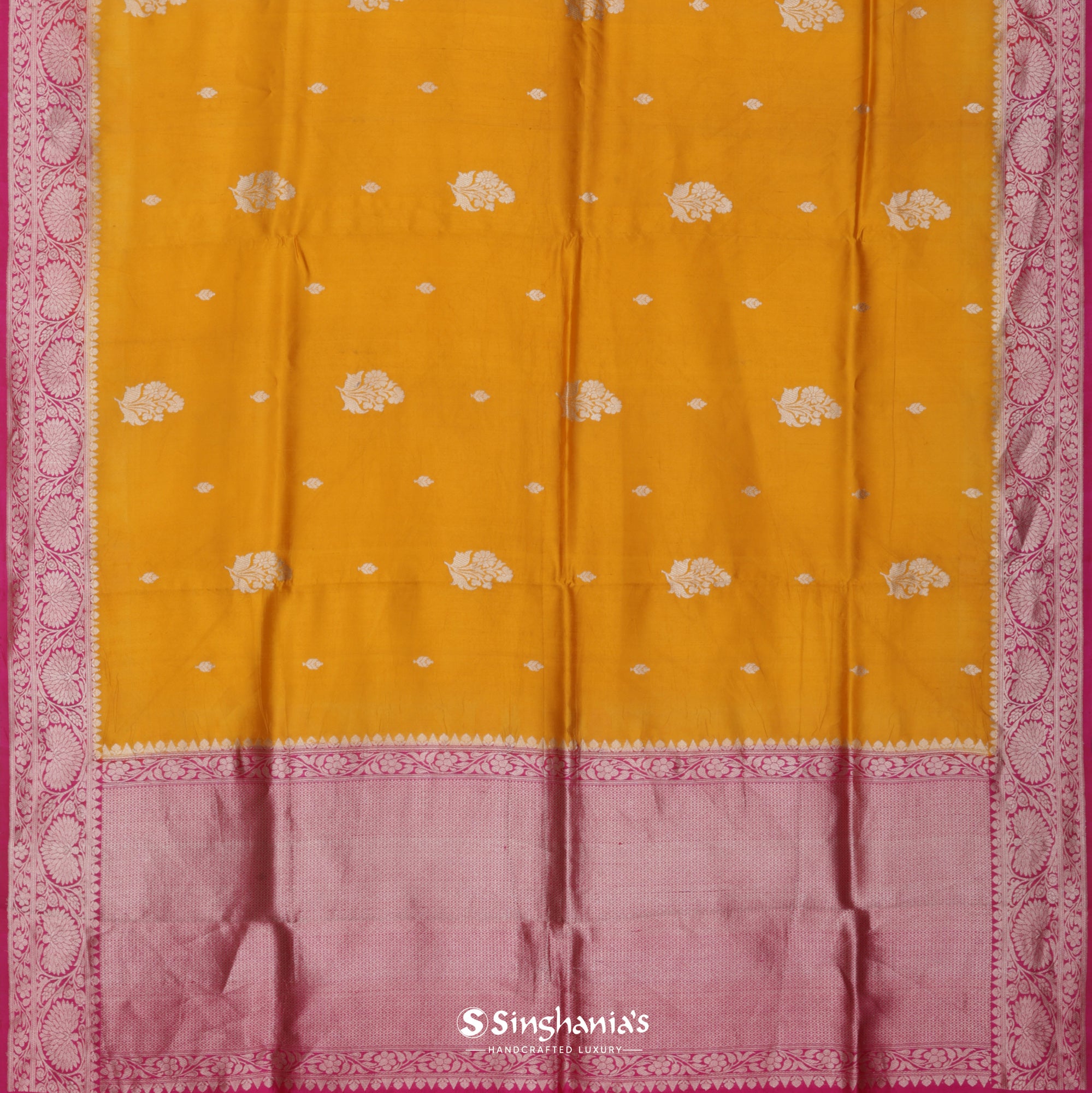 Dark Yellow Banarasi Silk Saree With Floral Buttas
