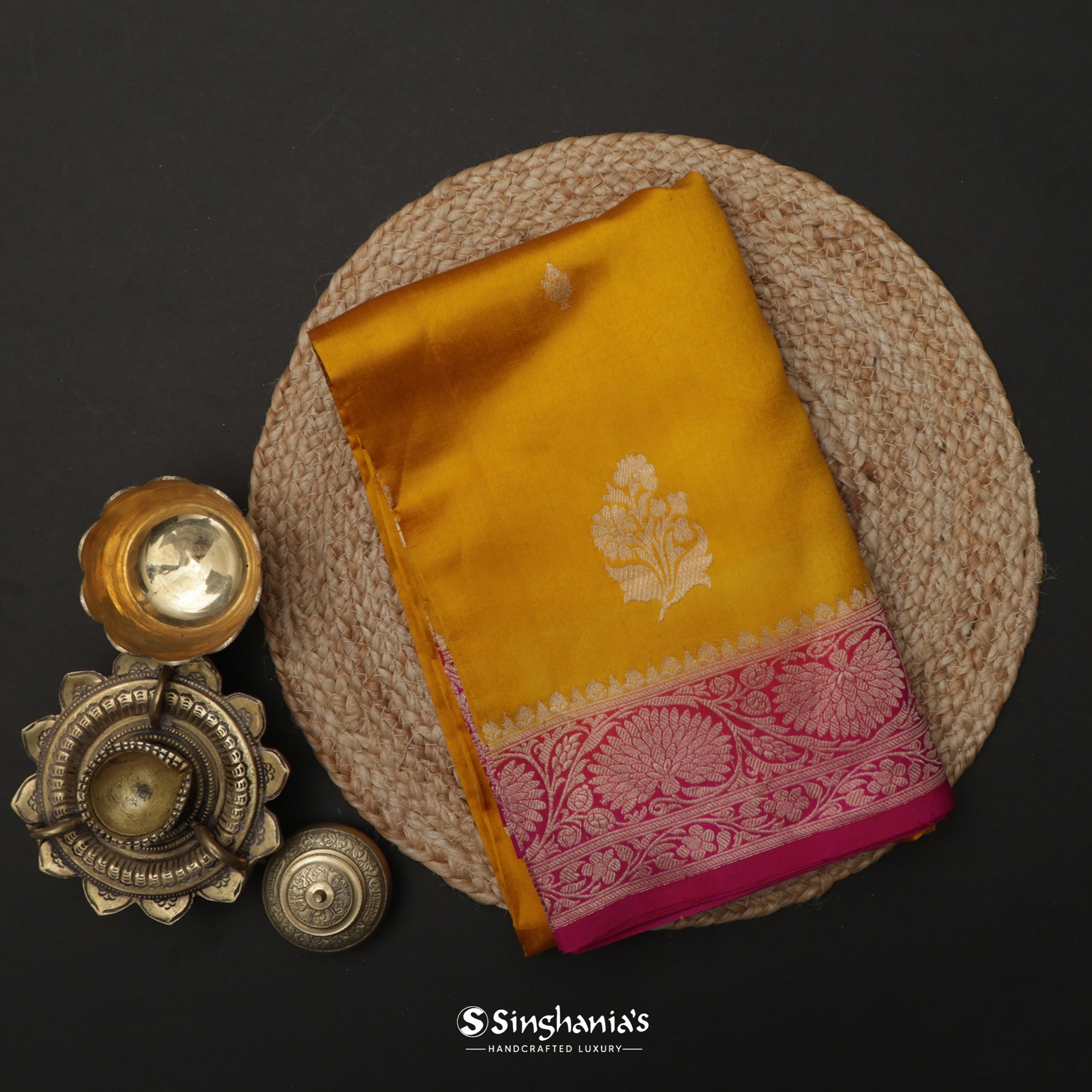 Dark Yellow Banarasi Silk Saree With Floral Buttas
