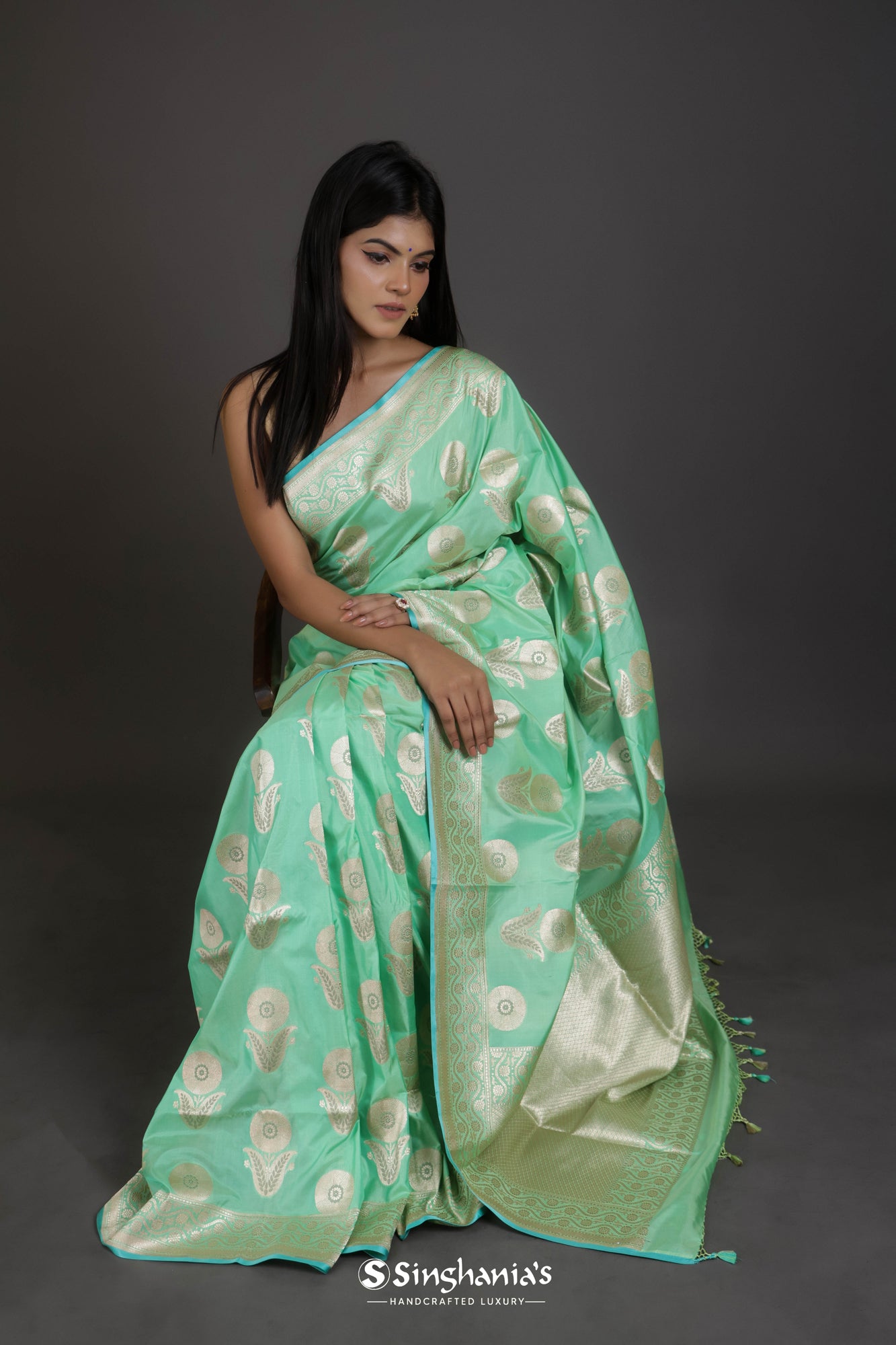 Mint Green Banarasi Silk Saree With Floral Buttas