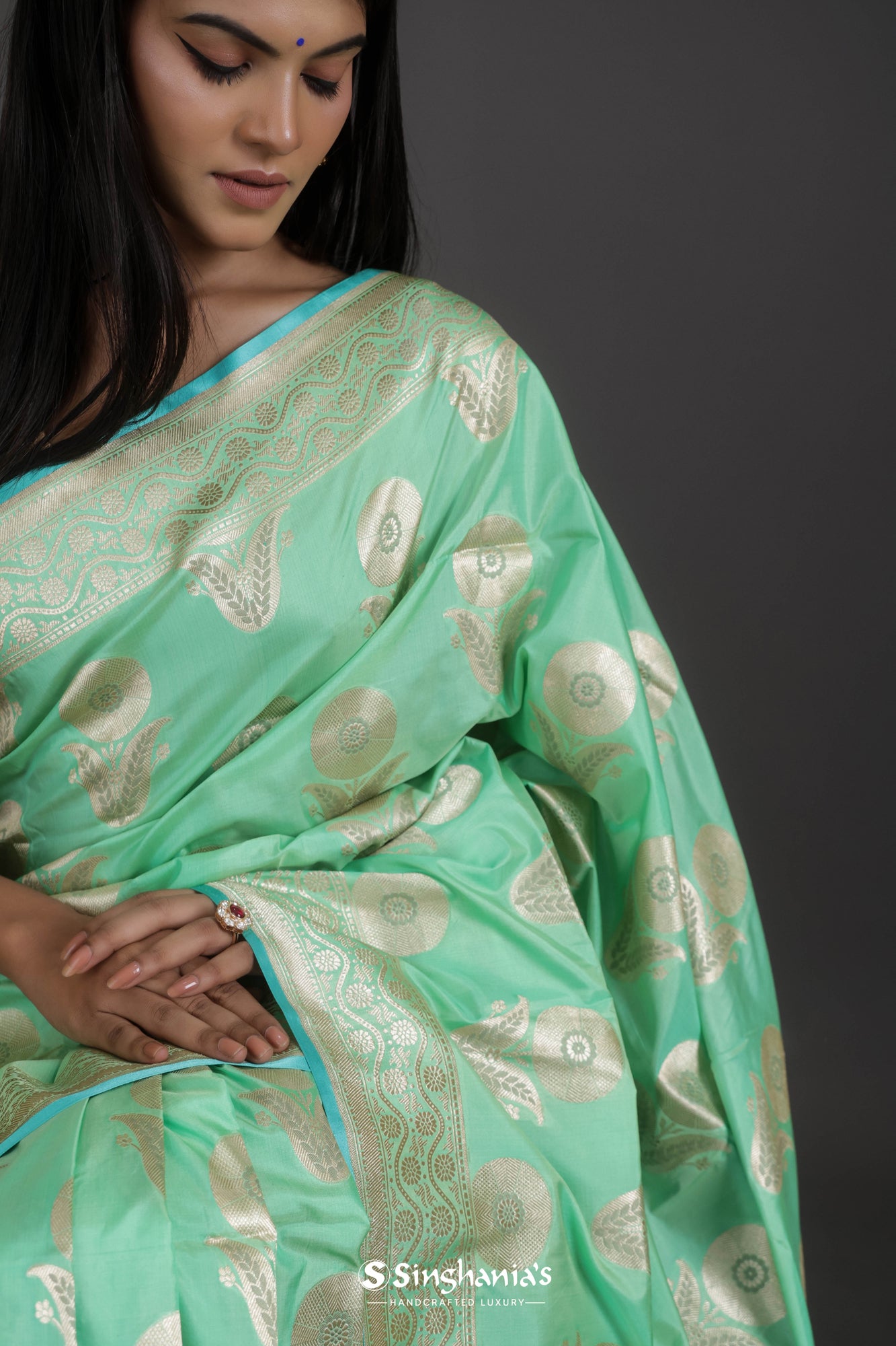 Mint Green Banarasi Silk Saree With Floral Buttas