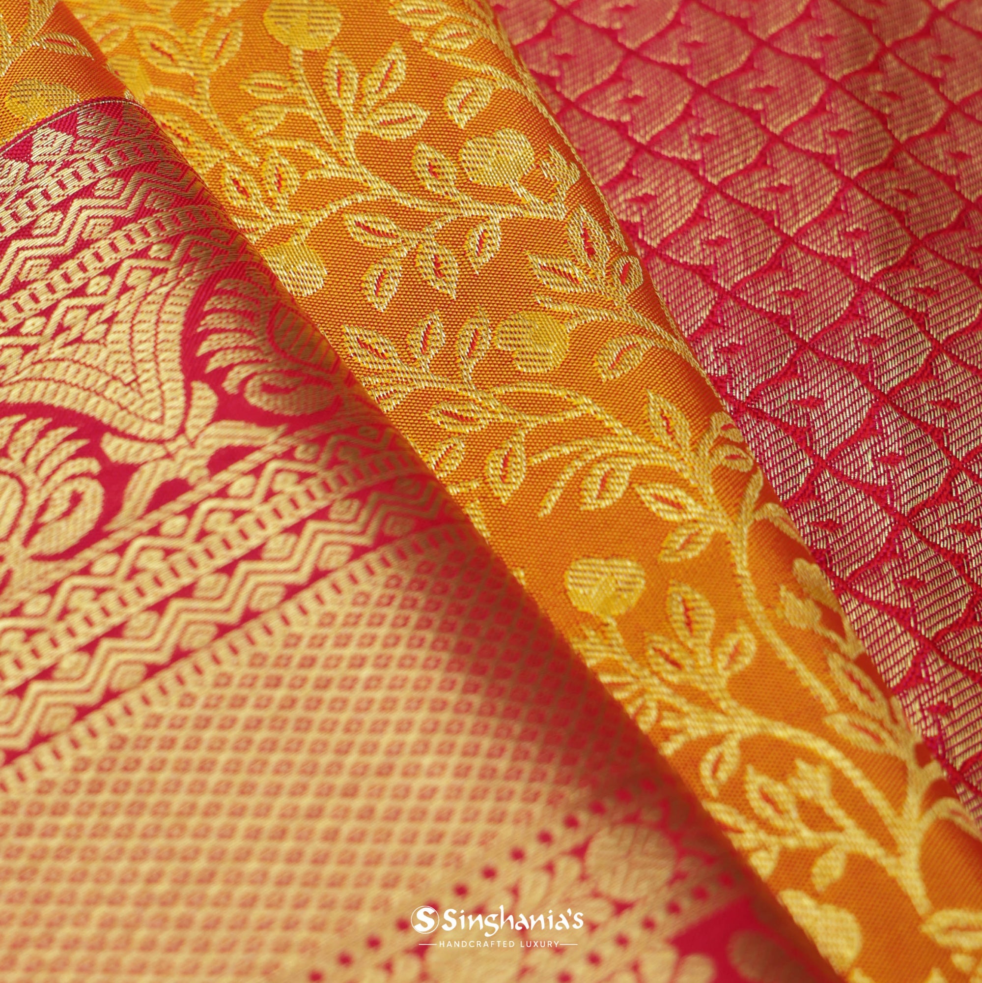 Marigold Orange Kanjivaram Silk Saree With Floral Jaal Weaving