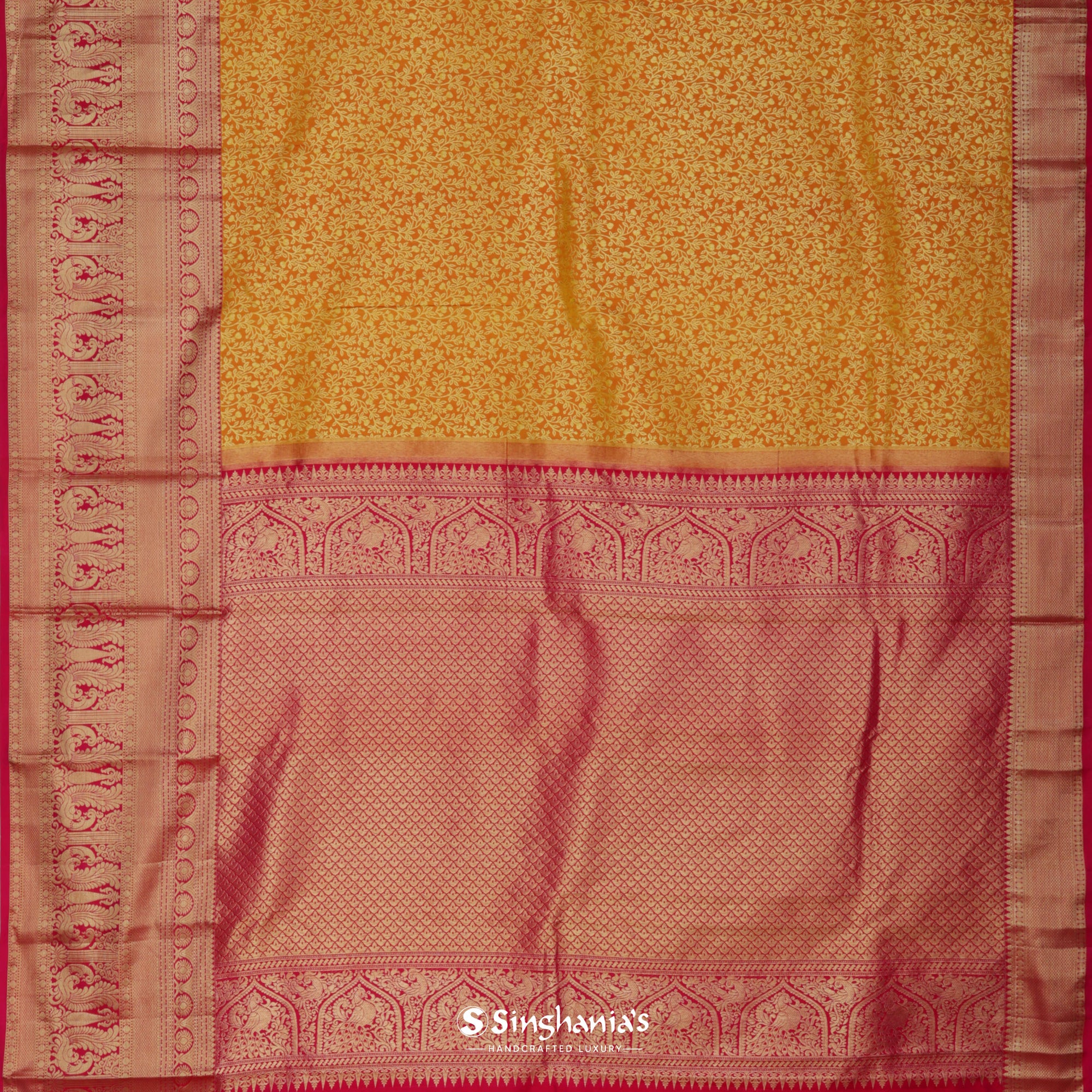 Marigold Orange Kanjivaram Silk Saree With Floral Jaal Weaving