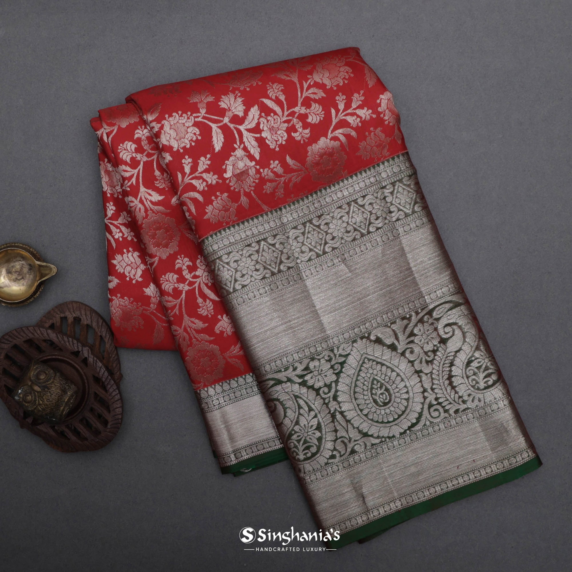 Crimson Red Kanjivaram Silk Saree With Floral Design
