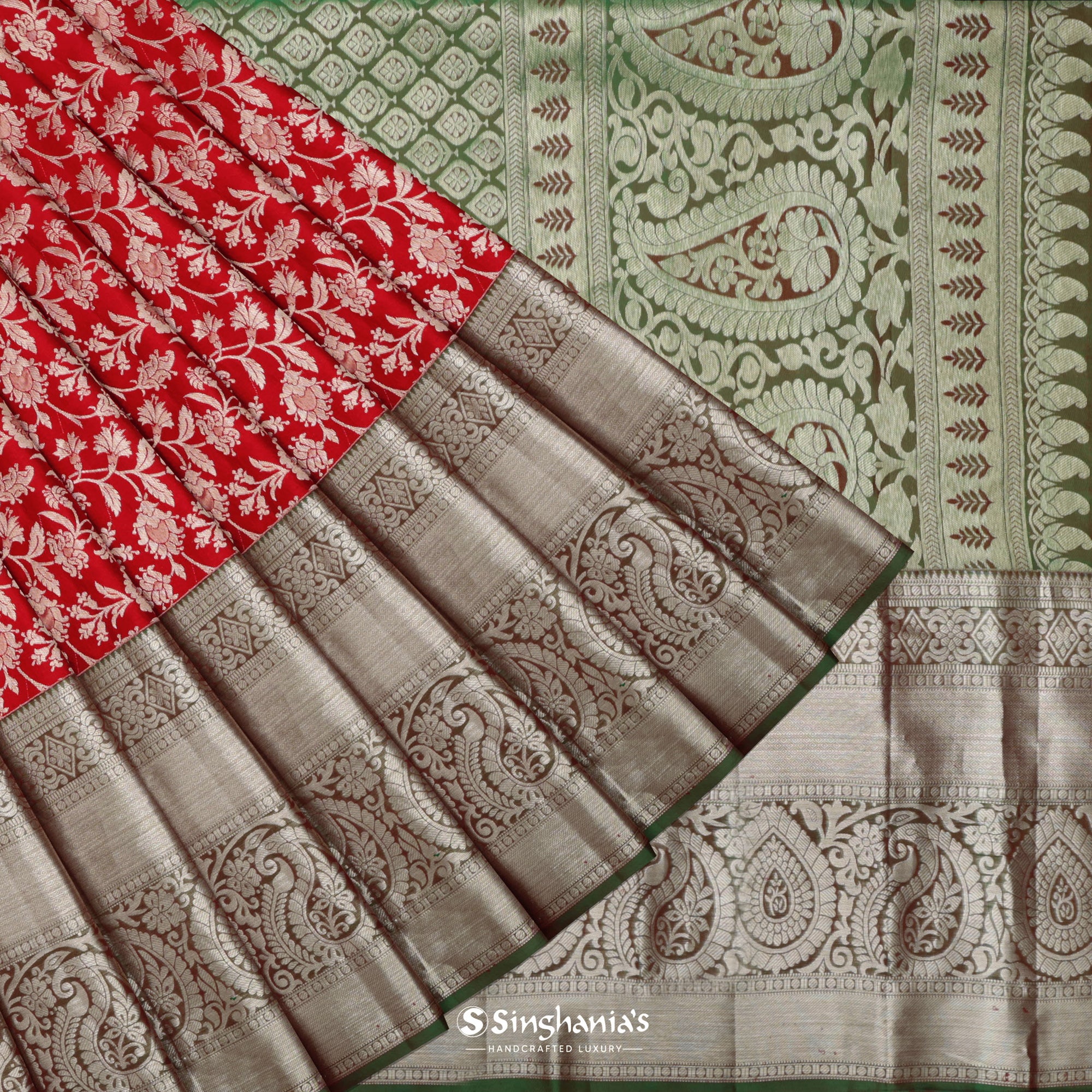 Crimson Red Kanjivaram Silk Saree With Floral Design