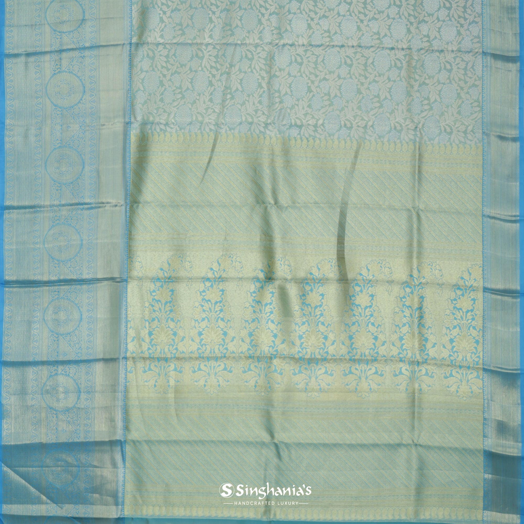 Medium Turquoise Blue Kanjivaram Silk Saree With Floral Jaal Design
