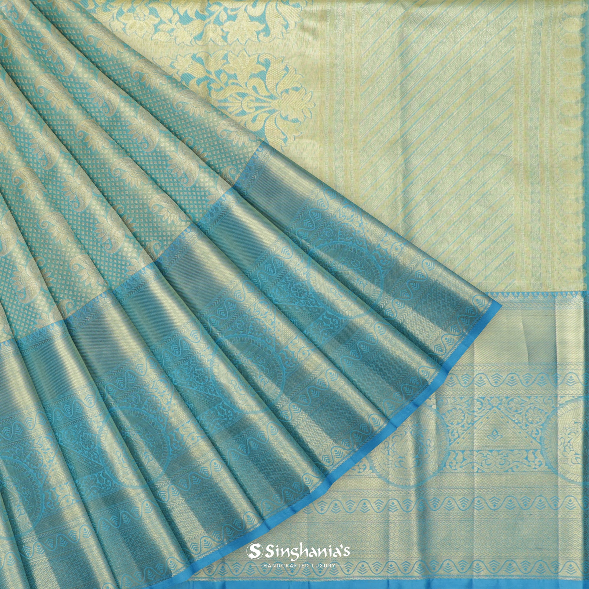 Light Turquoise Blue Kanjivaram Silk Saree With Floral Weaving