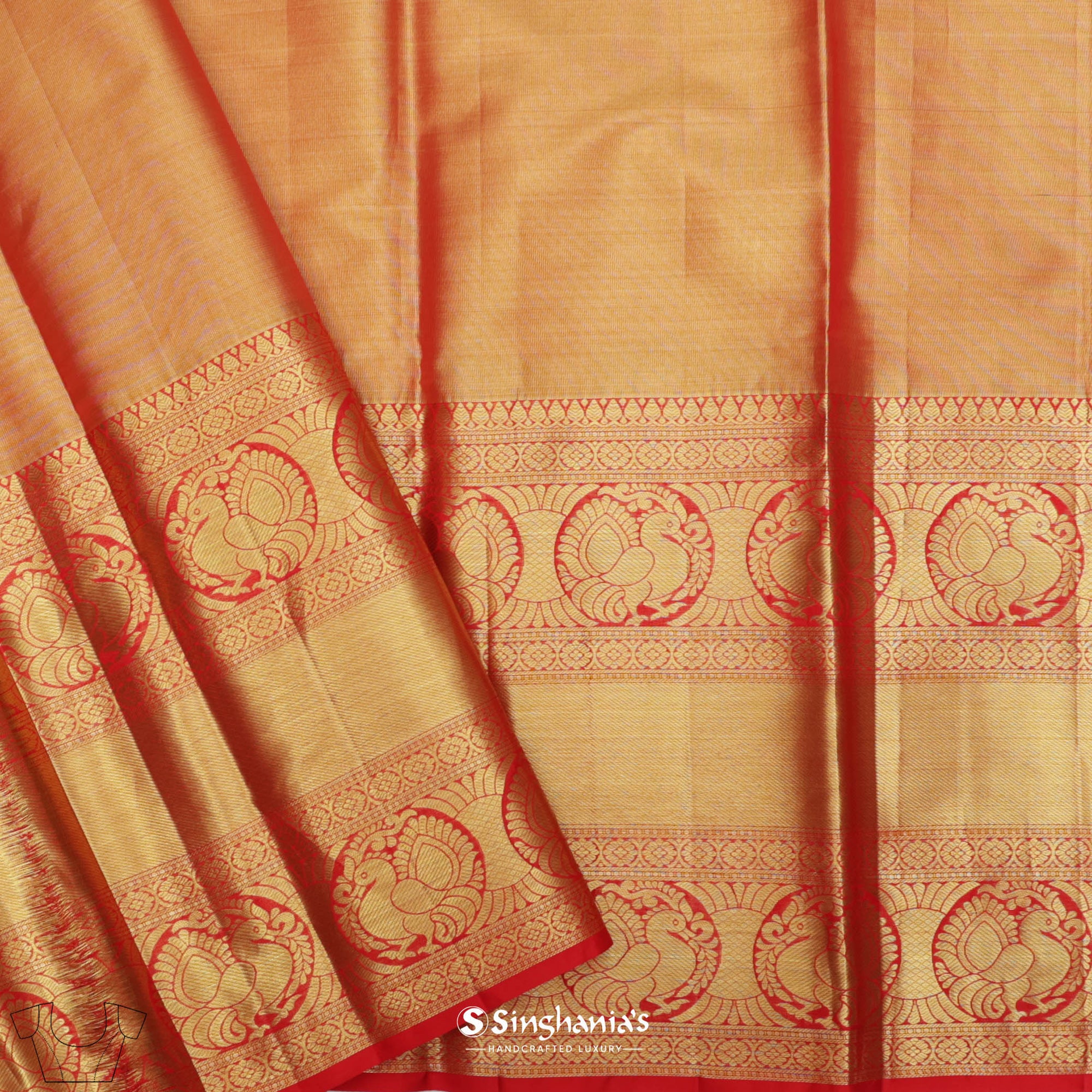 Crayola Orange Kanjivaram Silk Saree With Floral Buttis Weaving
