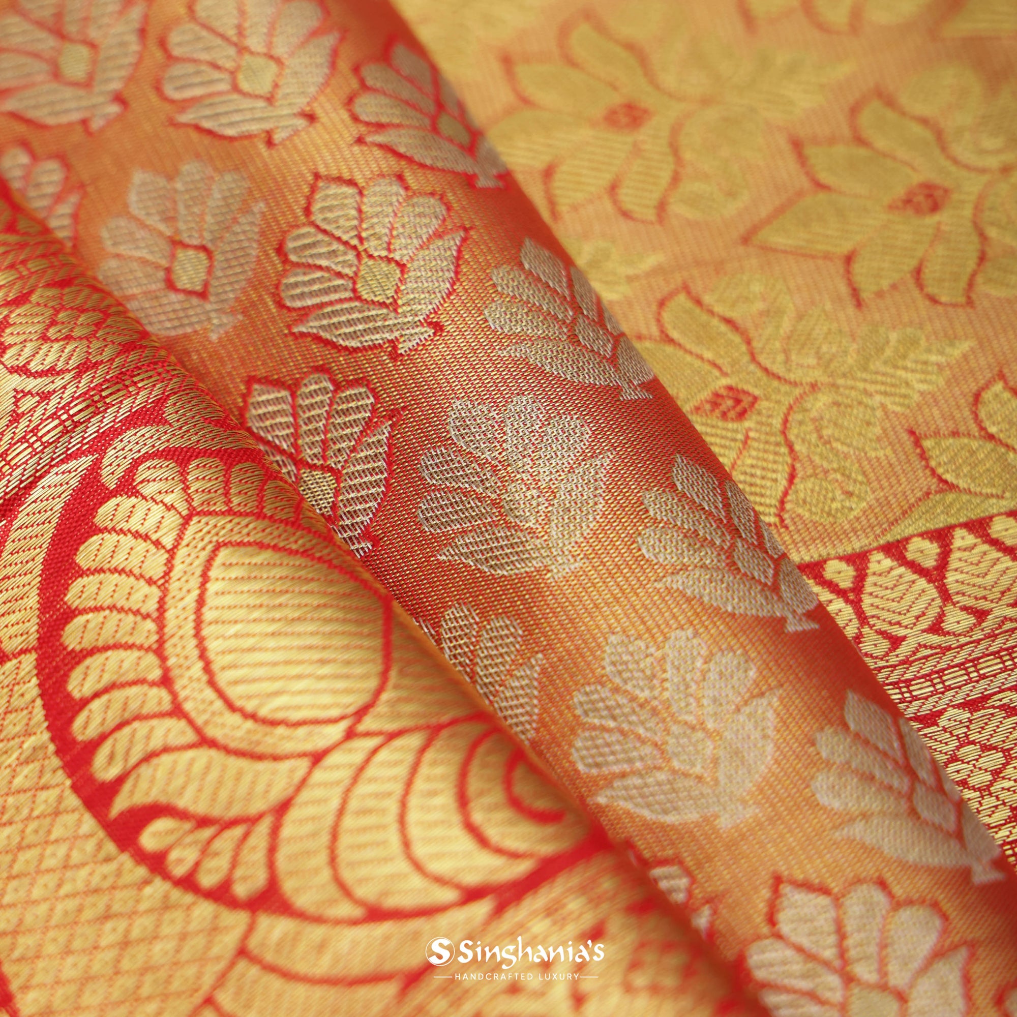 Crayola Orange Kanjivaram Silk Saree With Floral Buttis Weaving