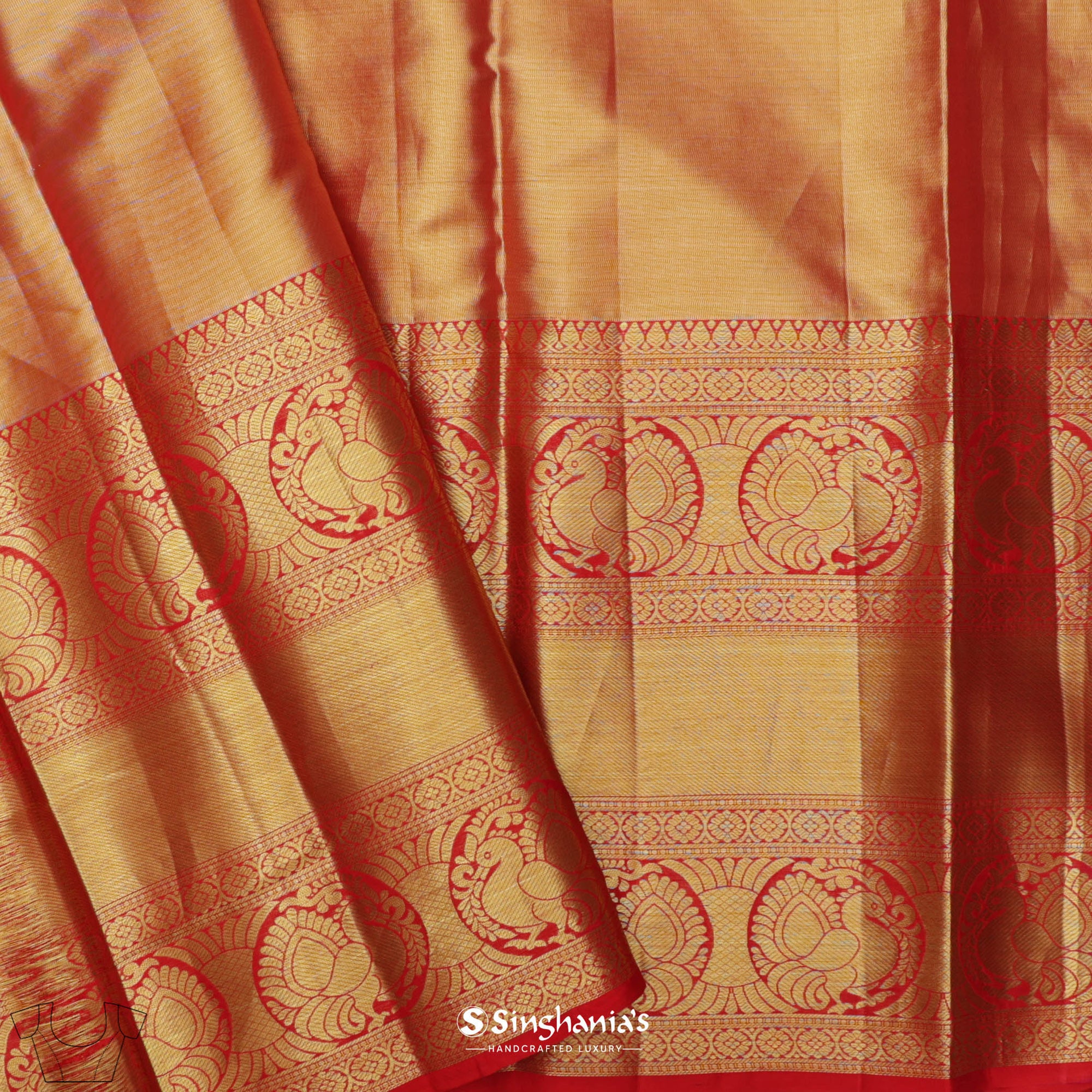 Flame Orange Kanjivaram Silk Saree With Floral Buttas Pattern
