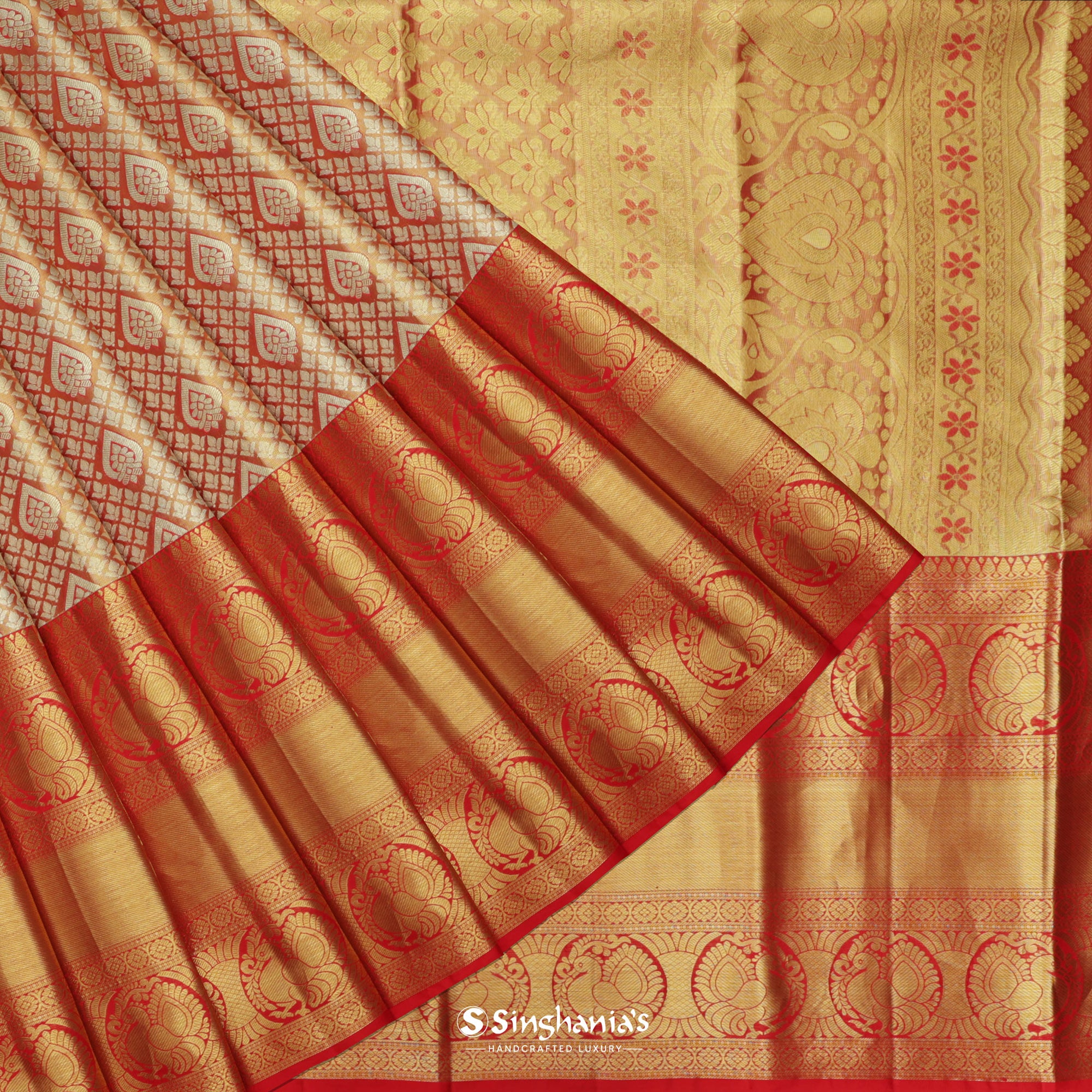 Flame Orange Kanjivaram Silk Saree With Floral Buttas Pattern