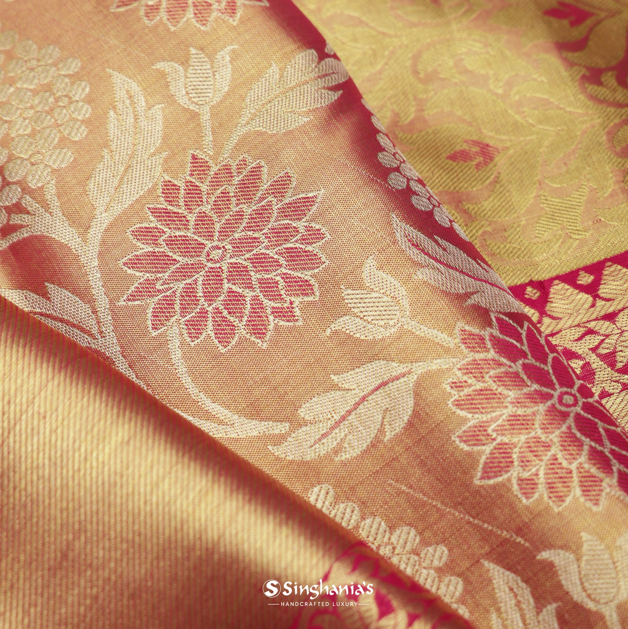 Dark Coral Orange Kanjivaram Silk Saree With Floral Design