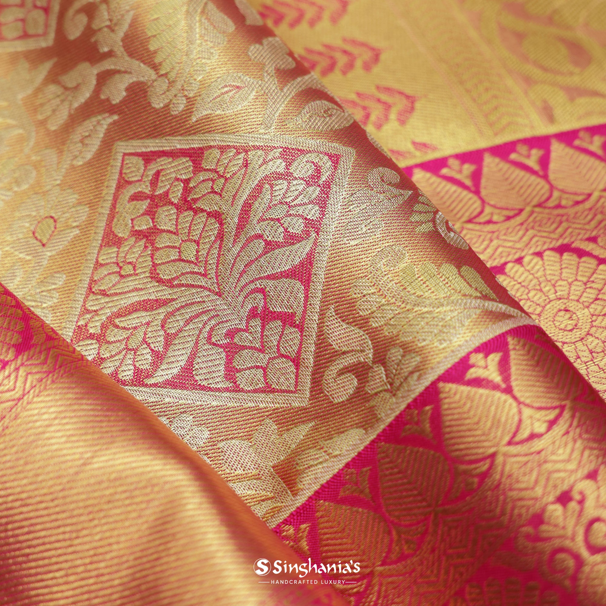 Reddish Orange Kanjivaram Silk Saree With Floral Jaal Weaving